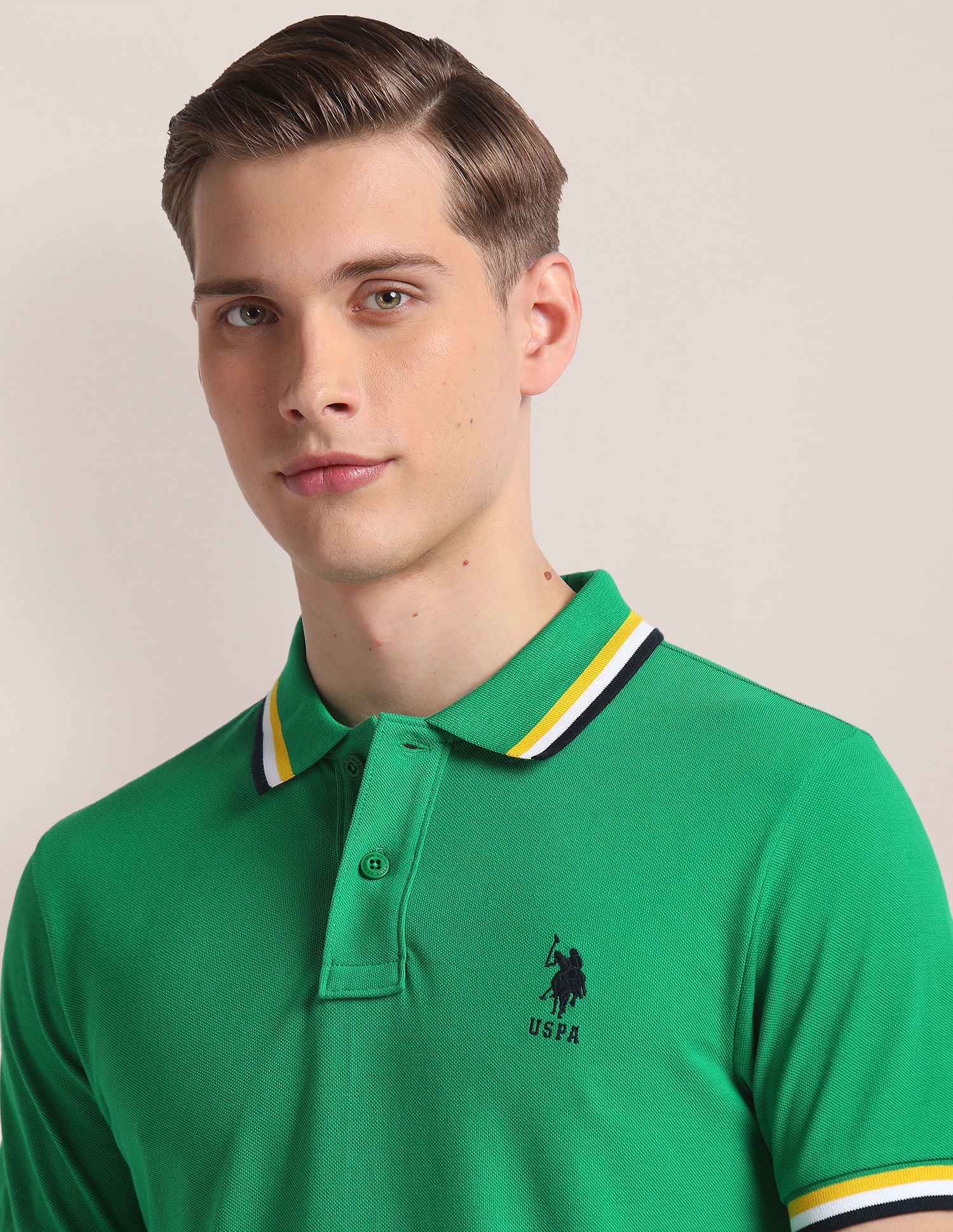 Striped Collar Slim Polo Shirt Green - U.S. Polo Assn. India | Large