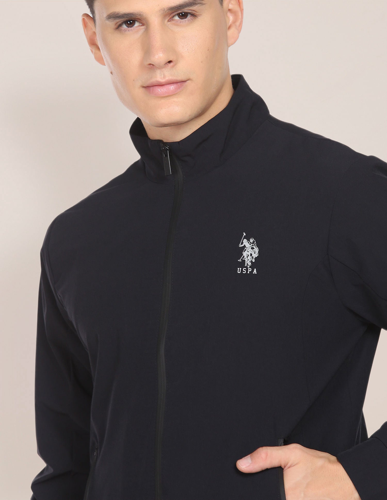 Men Black High Neck Solid Panelled Bomber Jacket Black - U.S. POLO ASSN. | Large