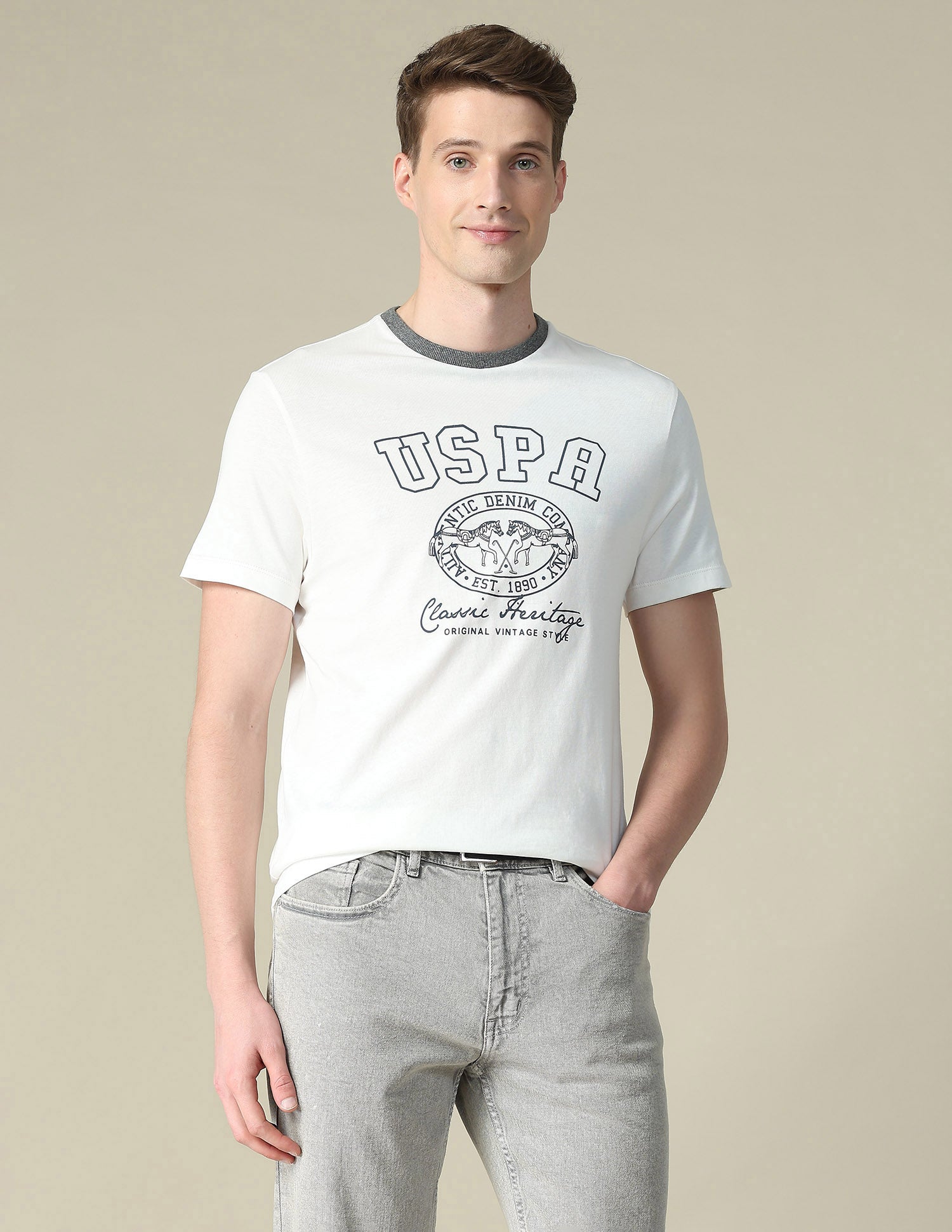 Graphic Brand Printed Slim Fit T-Shirt Ivory - U.S. Polo Assn. India | Large