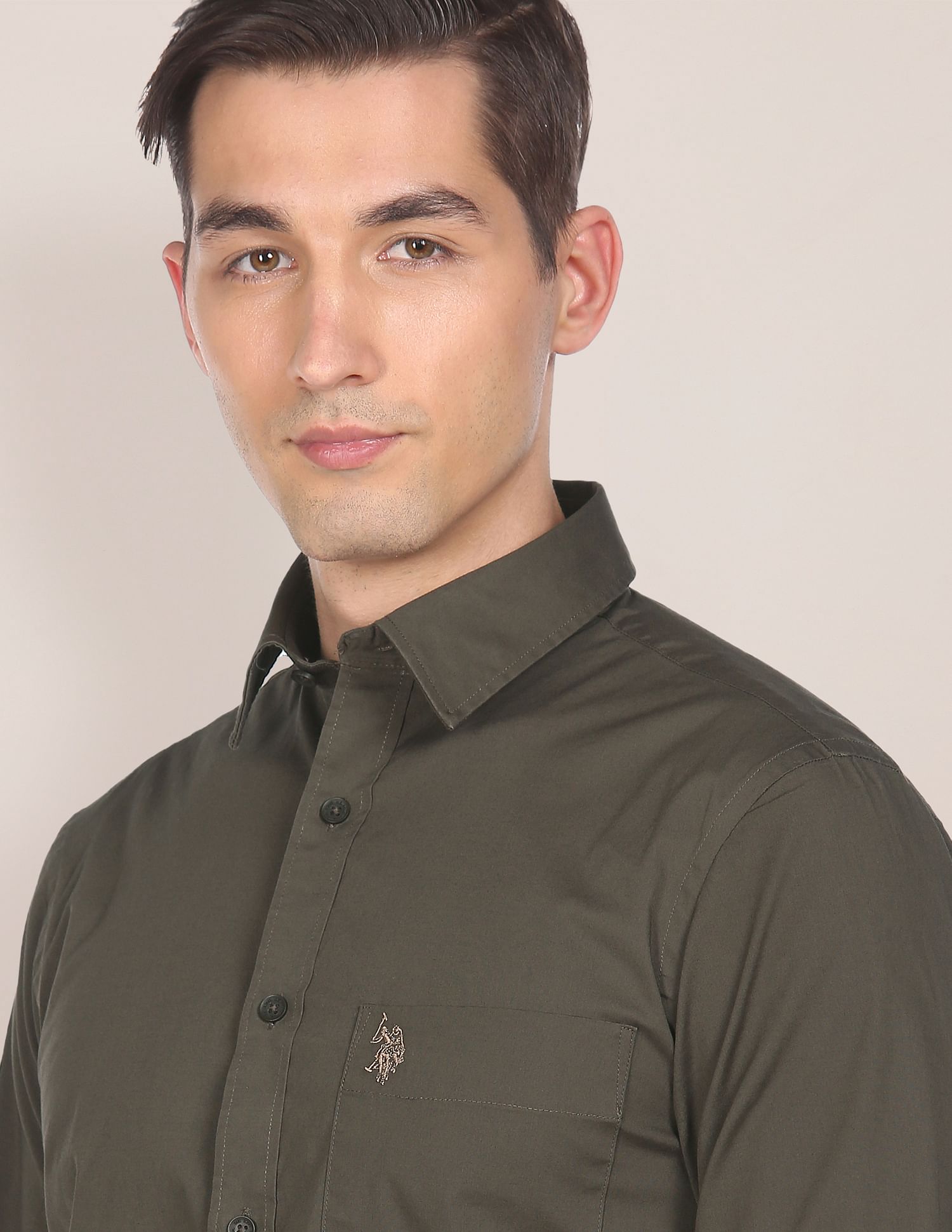 Solid Tailored Fit Casual Shirt Olive - U.S. POLO ASSN. | Large