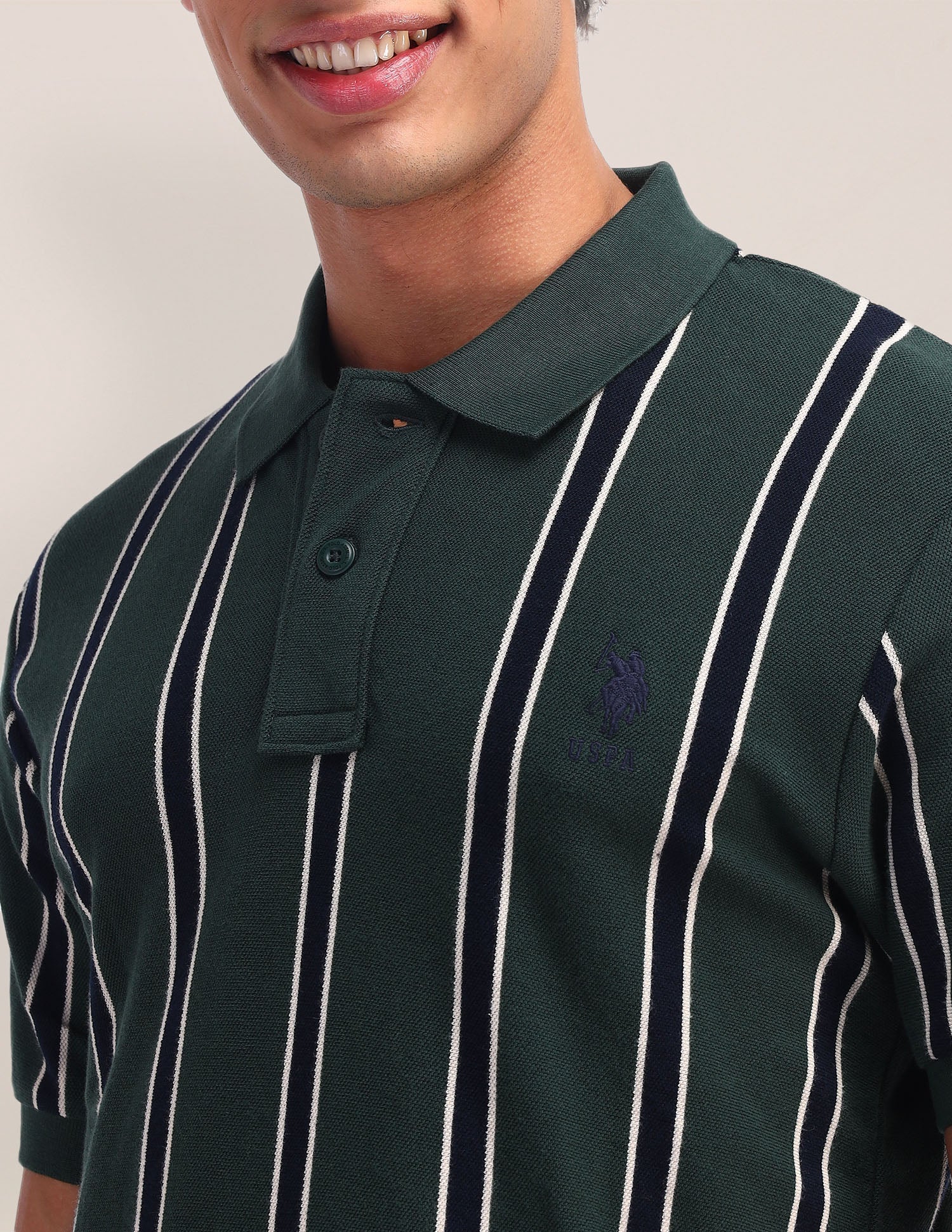 Pure Cotton Vertical Striped Polo Shirt Green - U.S. Polo Assn. India | Large
