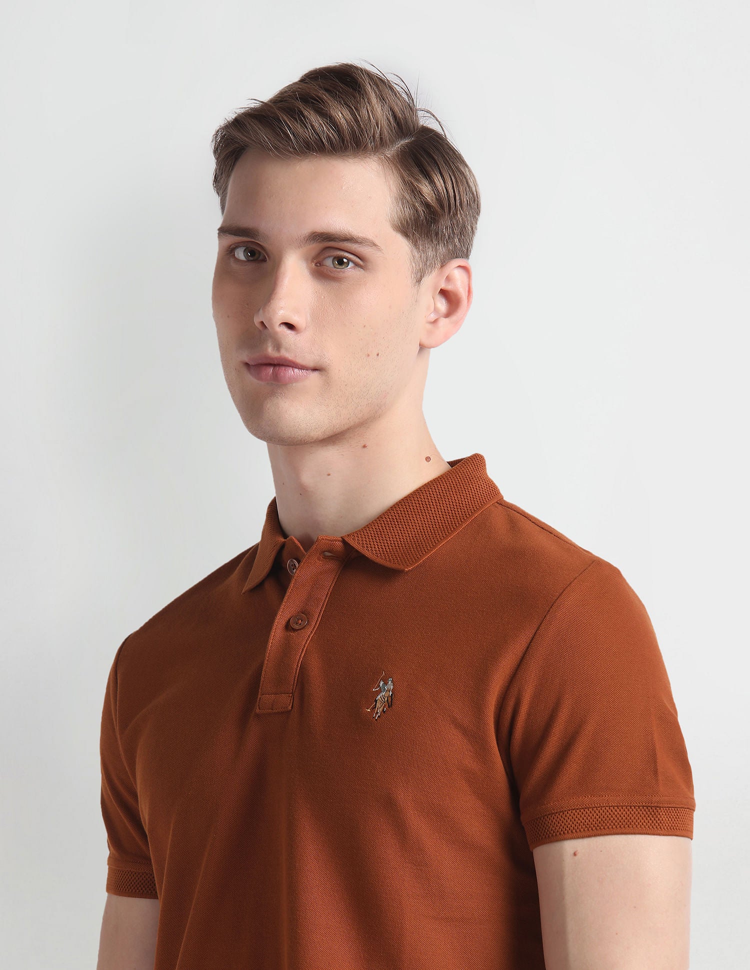 Patterned Collar Cotton Polo Shirt Tan - U.S. Polo Assn. India | Large