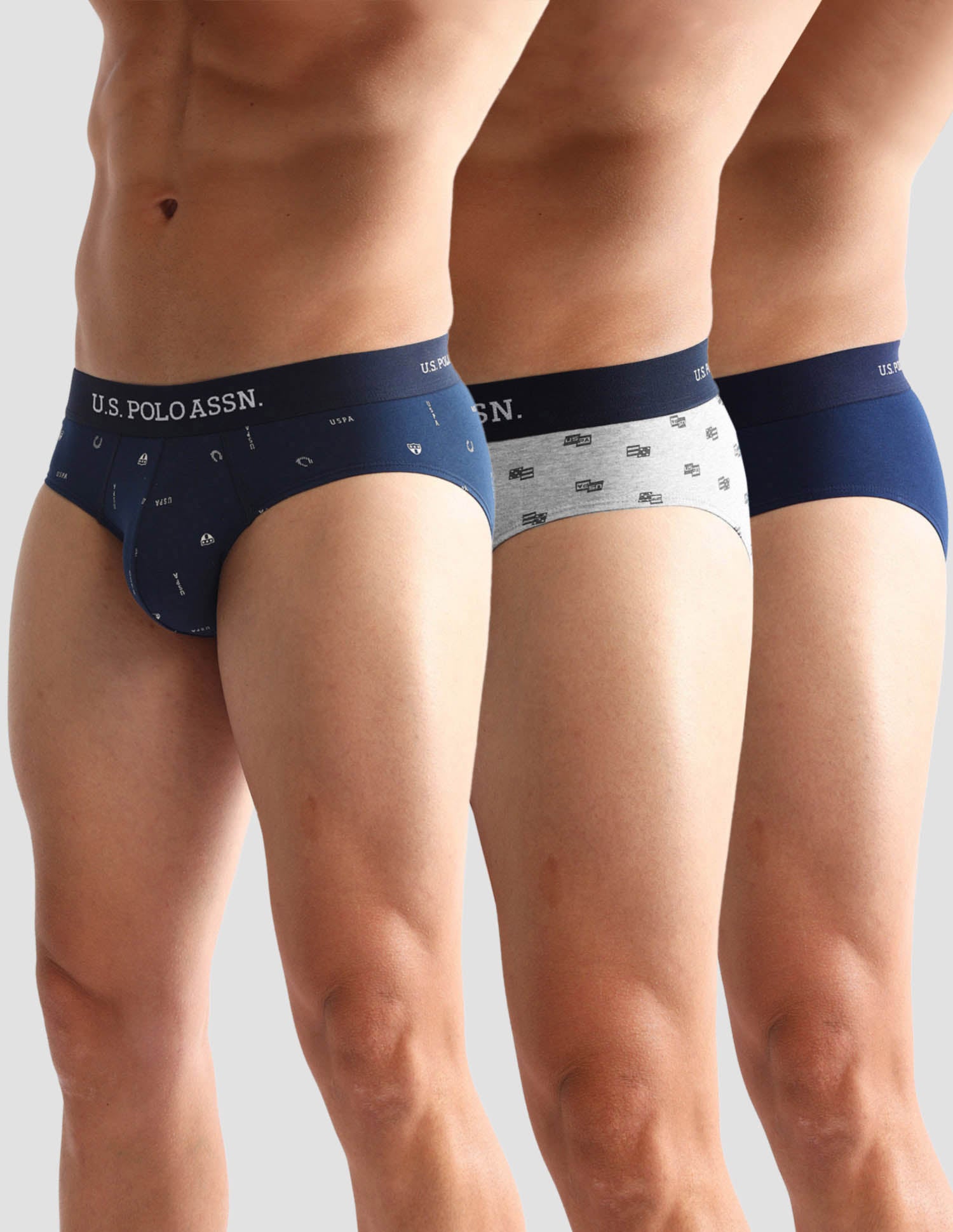 Anti Microbial Printed OEB14 Briefs - Pack Of 3 Navy, Grey Melange and Navy - U.S. POLO ASSN. | Large