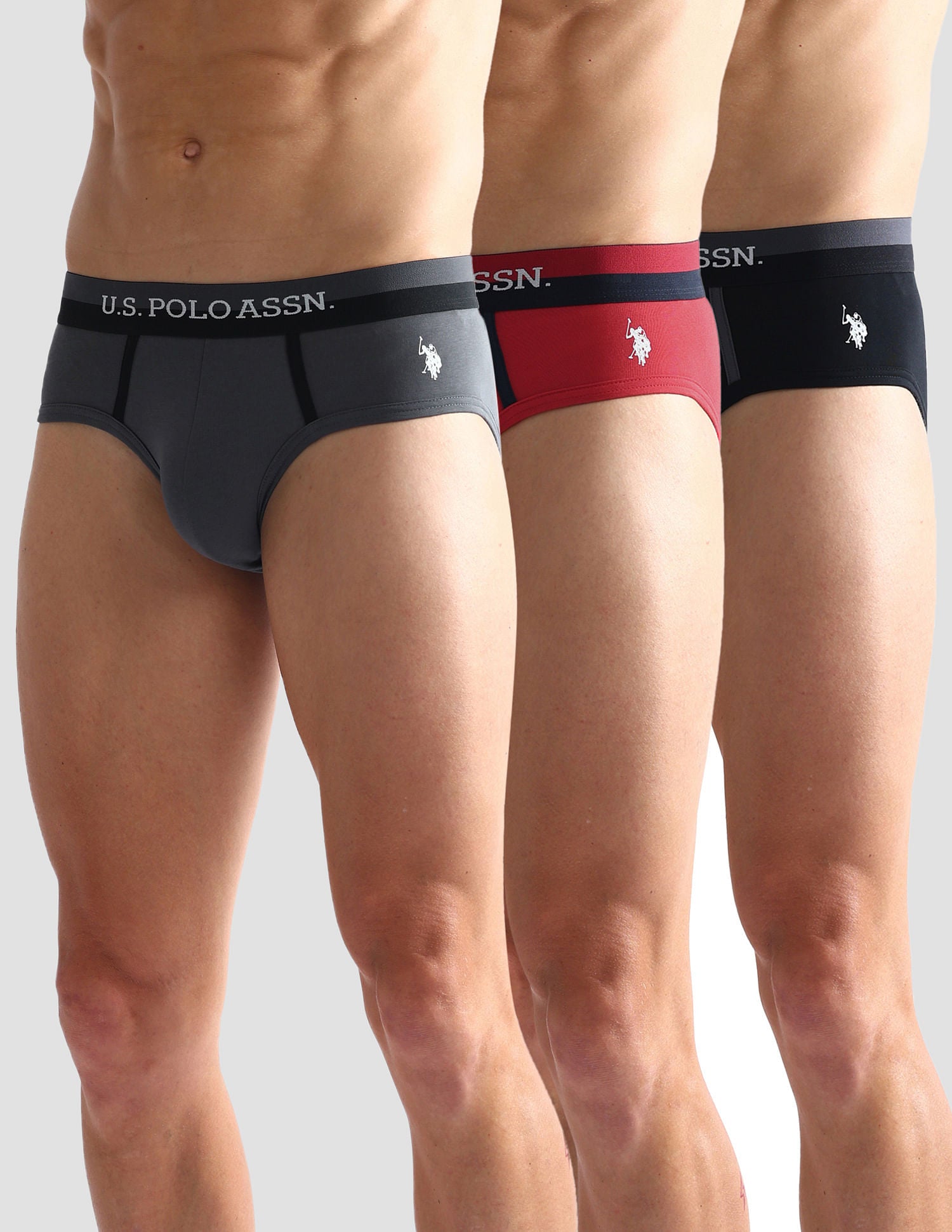 Dual Tone Cotton Stretch OET07 Briefs - Pack Of 3 Black, Grey and Red - U.S. POLO ASSN. | Large