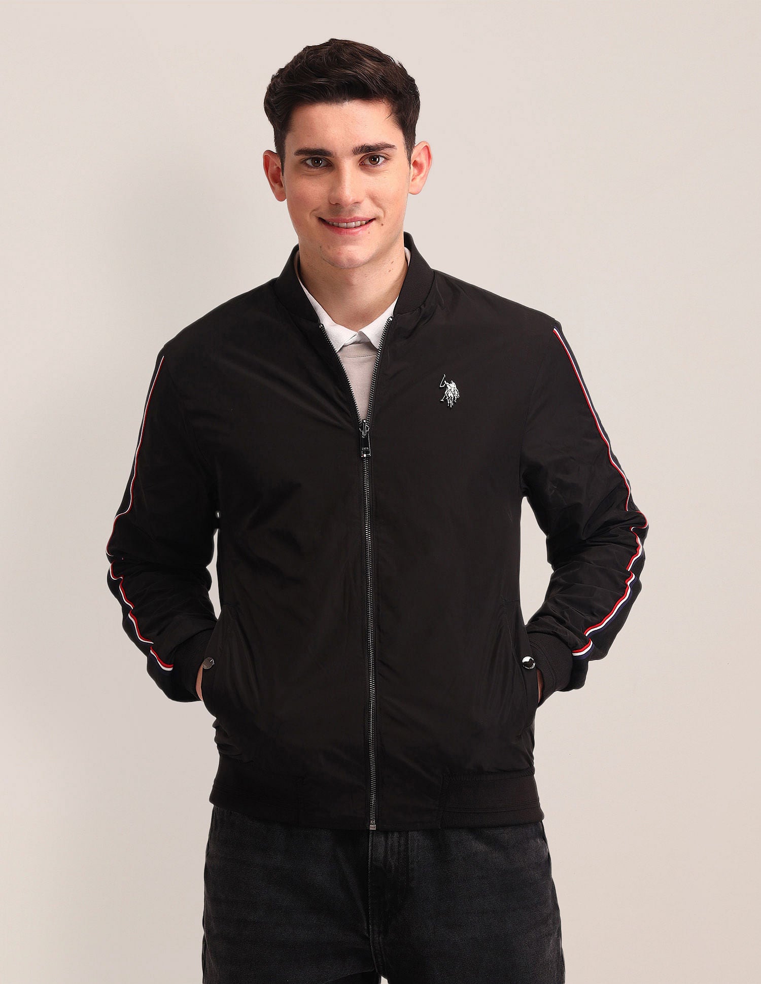 Regular Fit Striped Bomber Jacket Grey - U.S. Polo Assn. India | Large