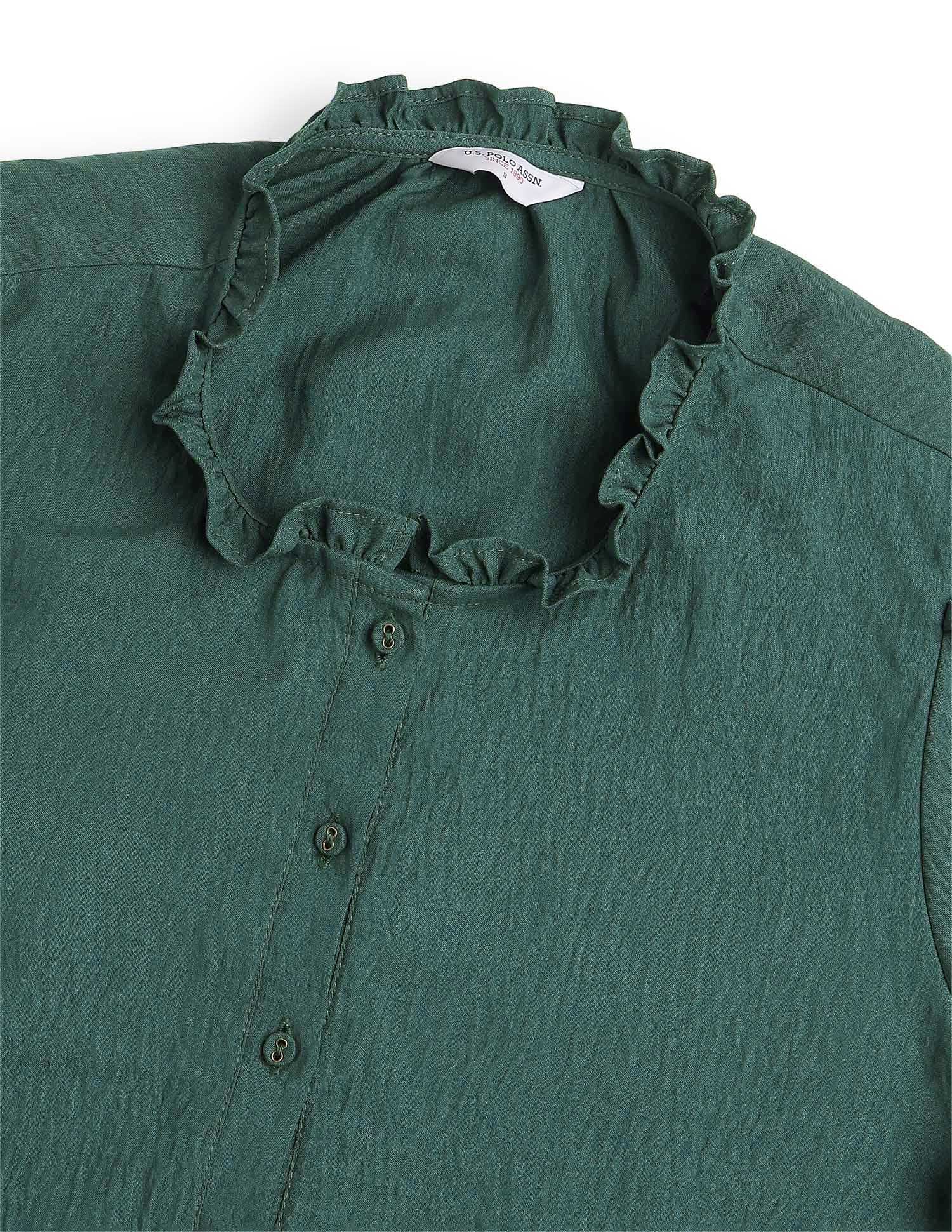 Solid Ruffle Neck Puff Sleeve Top Dark Green - U.S. Polo Assn. India | Large