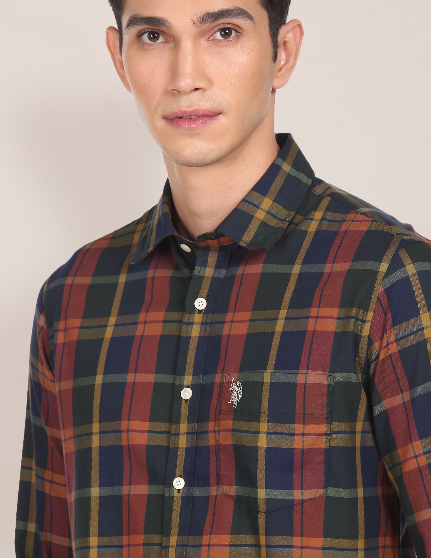 Men Navy Spread Collar Check Casual Shirt Navy - U.S. POLO ASSN. | Large