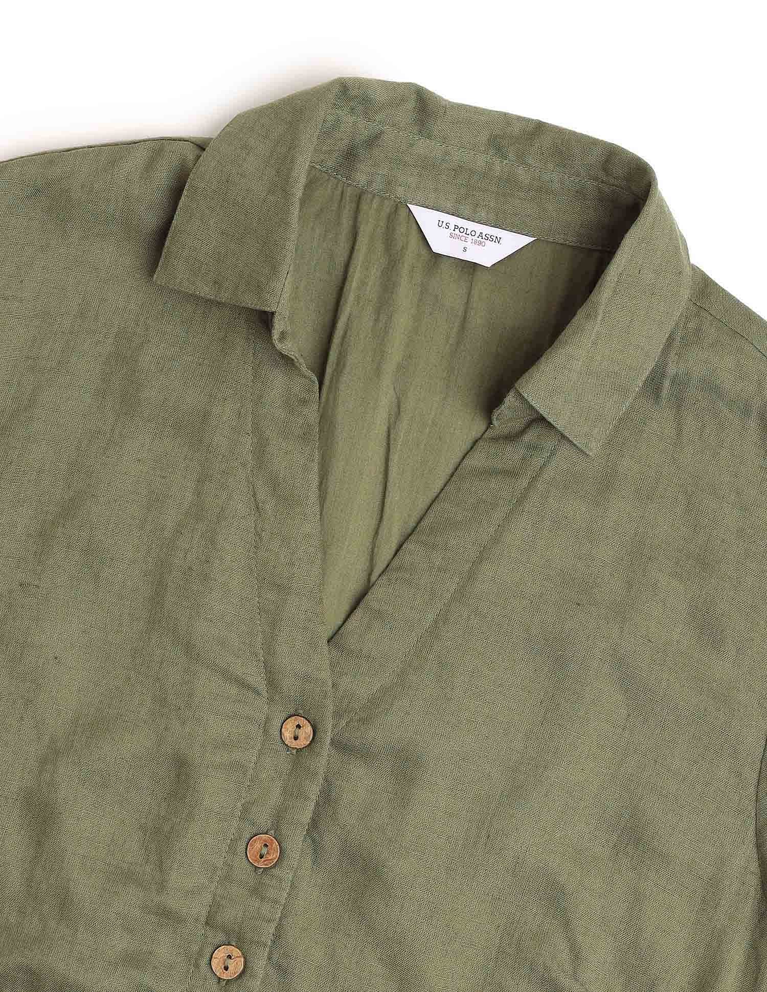 Viscose Linen A-Line Midi Dress Olive - U.S. Polo Assn. India | Large
