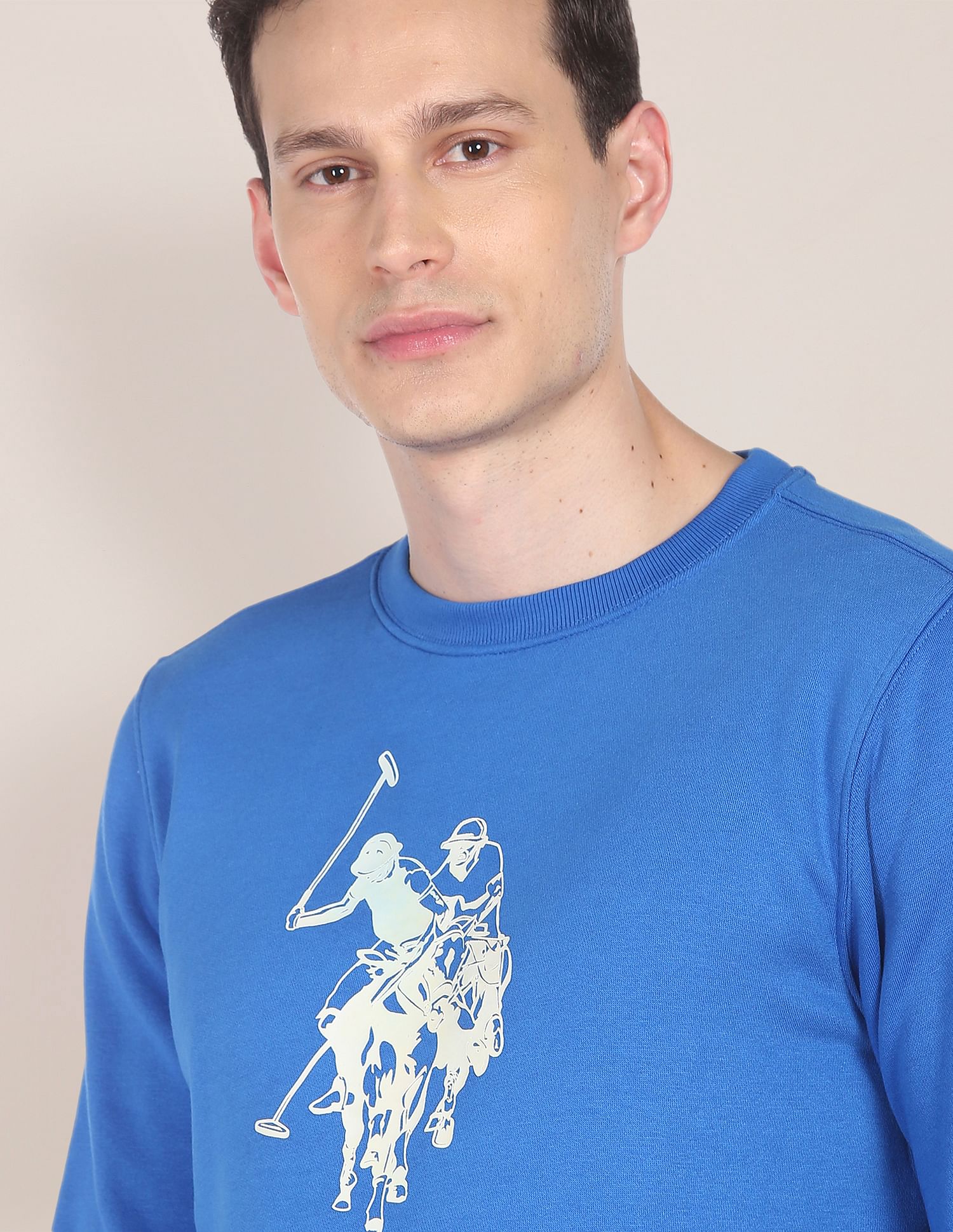 Men Blue Crew Neck Logo Print Sweatshirt Blue - U.S. POLO ASSN. | Large