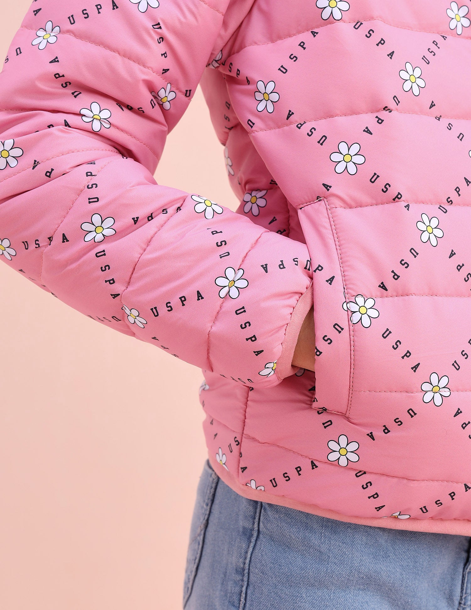 Floral Logo Printed Puffer Jacket Pink - U.S. POLO ASSN. | Large