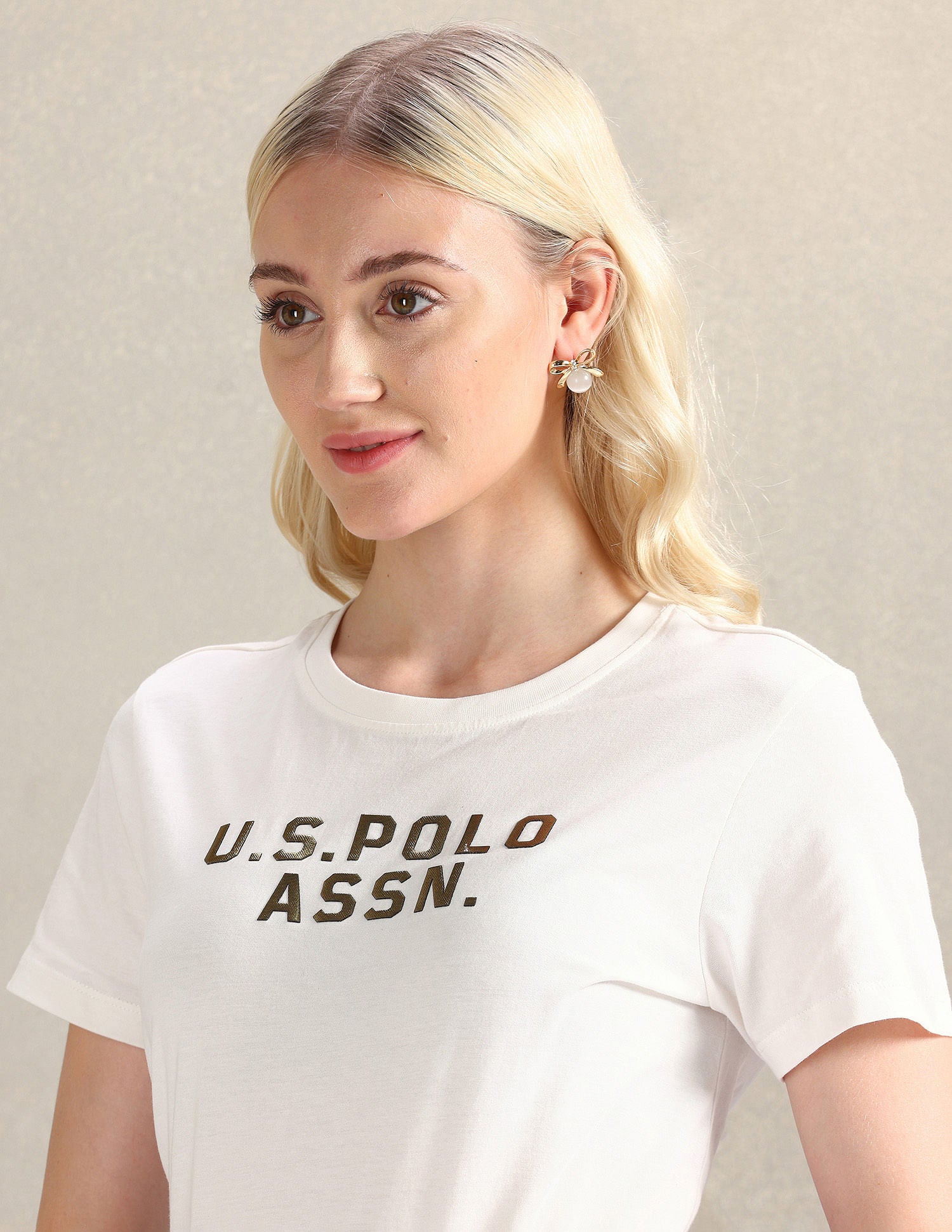 Gold Print Cotton T-Shirt Off White - U.S. POLO ASSN. | Large