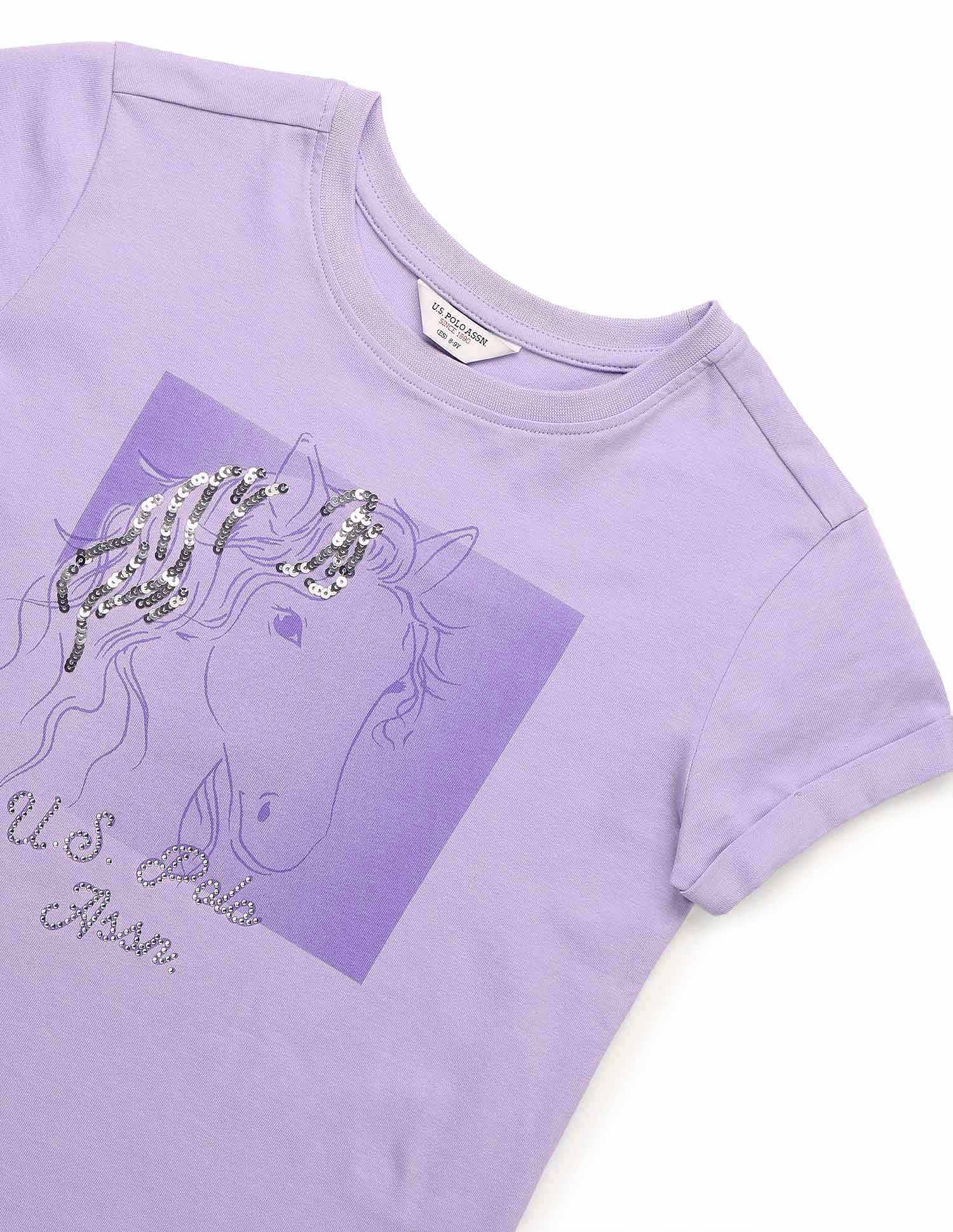 Girls Sequins Detailed Relaxed Fit T-Shirt Lavender - U.S. POLO ASSN. | Large
