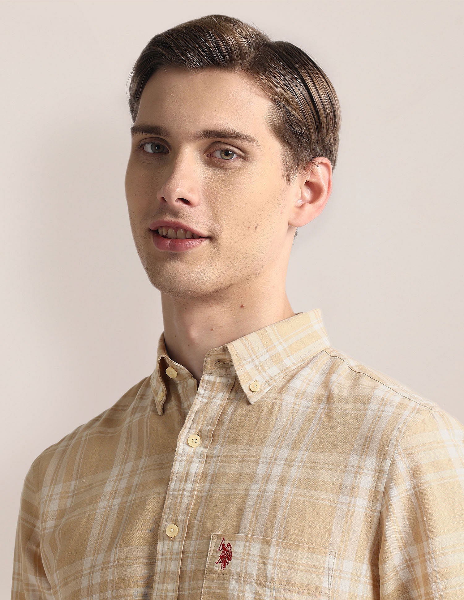 Tailored Fit Tartan Check Shirt Ivory and Beige - U.S. Polo Assn. India | Large