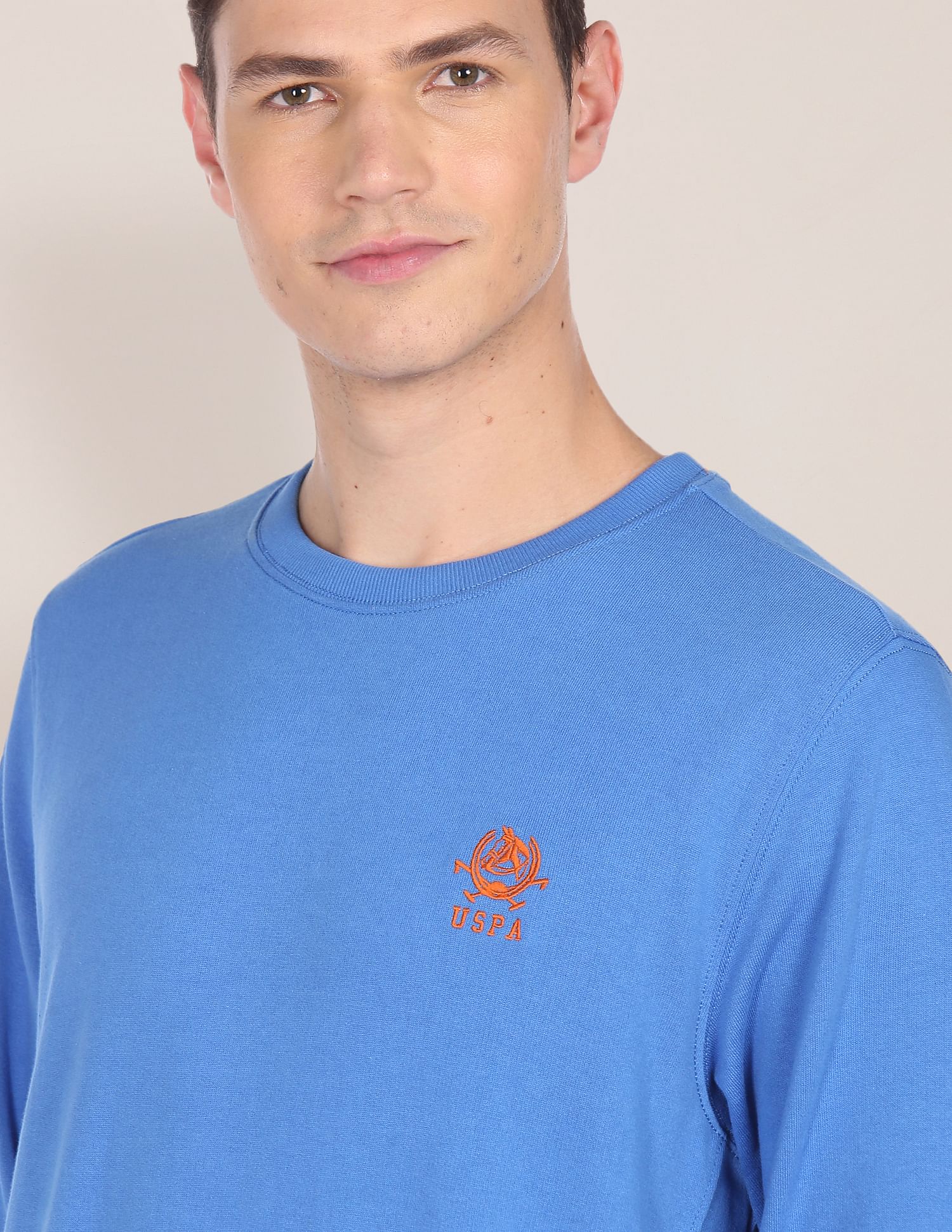 Men Blue Embroidered Logo Crew Neck Sweatshirt Blue - U.S. POLO ASSN. | Large