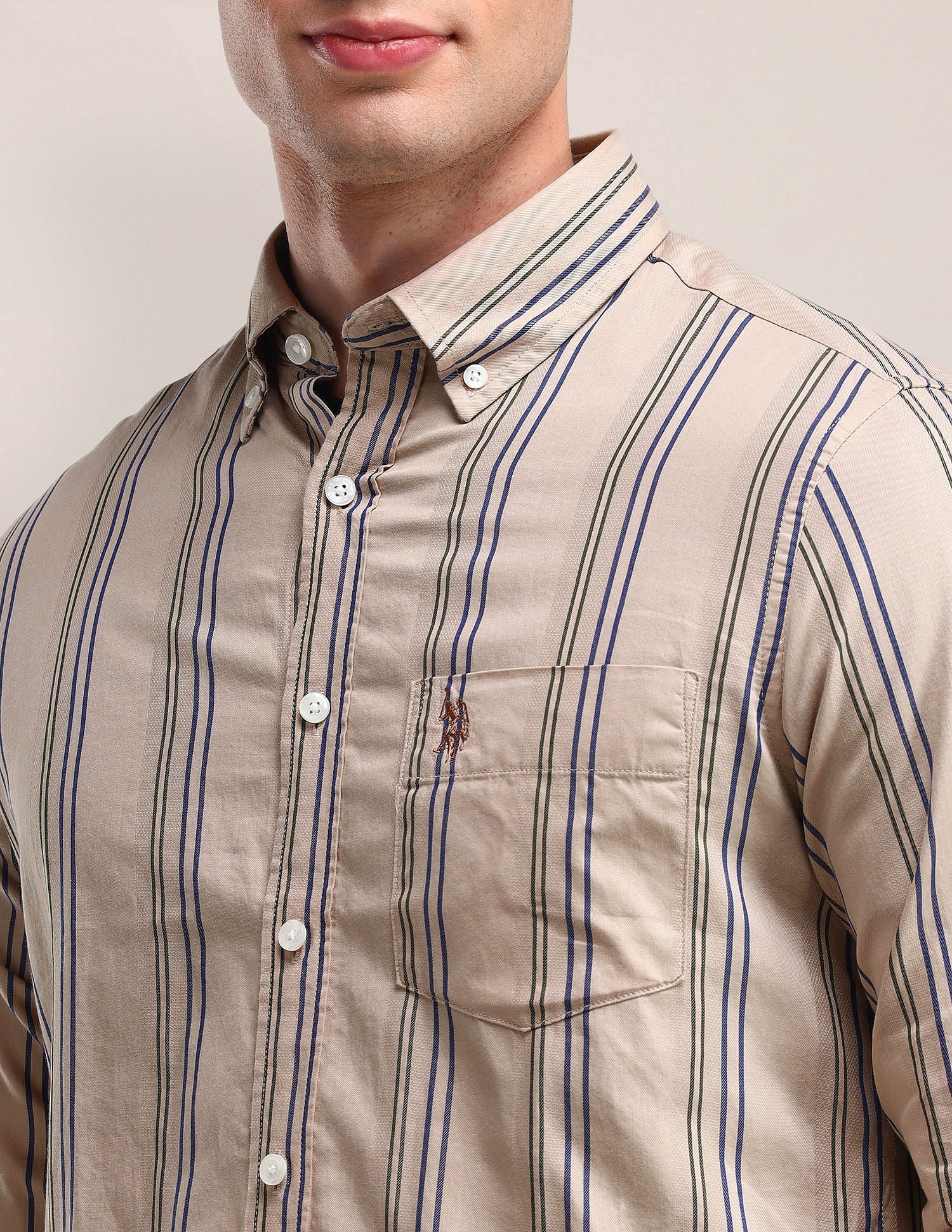 Tailored Fit Cotton Striped Shirt Beige - U.S. Polo Assn. India | Large