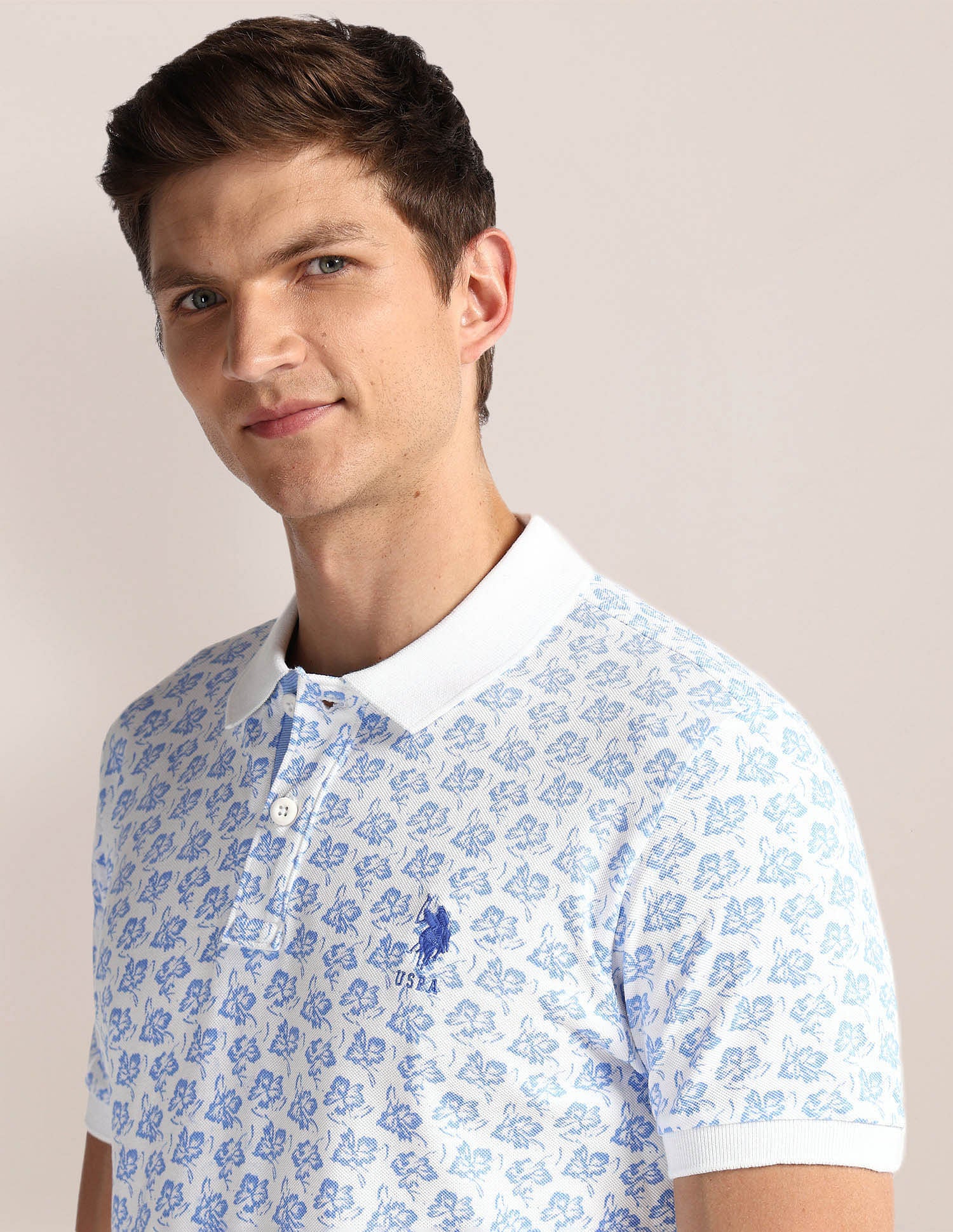 Pure Cotton Floral Polo Shirt Blue and White - U.S. POLO ASSN. | Large