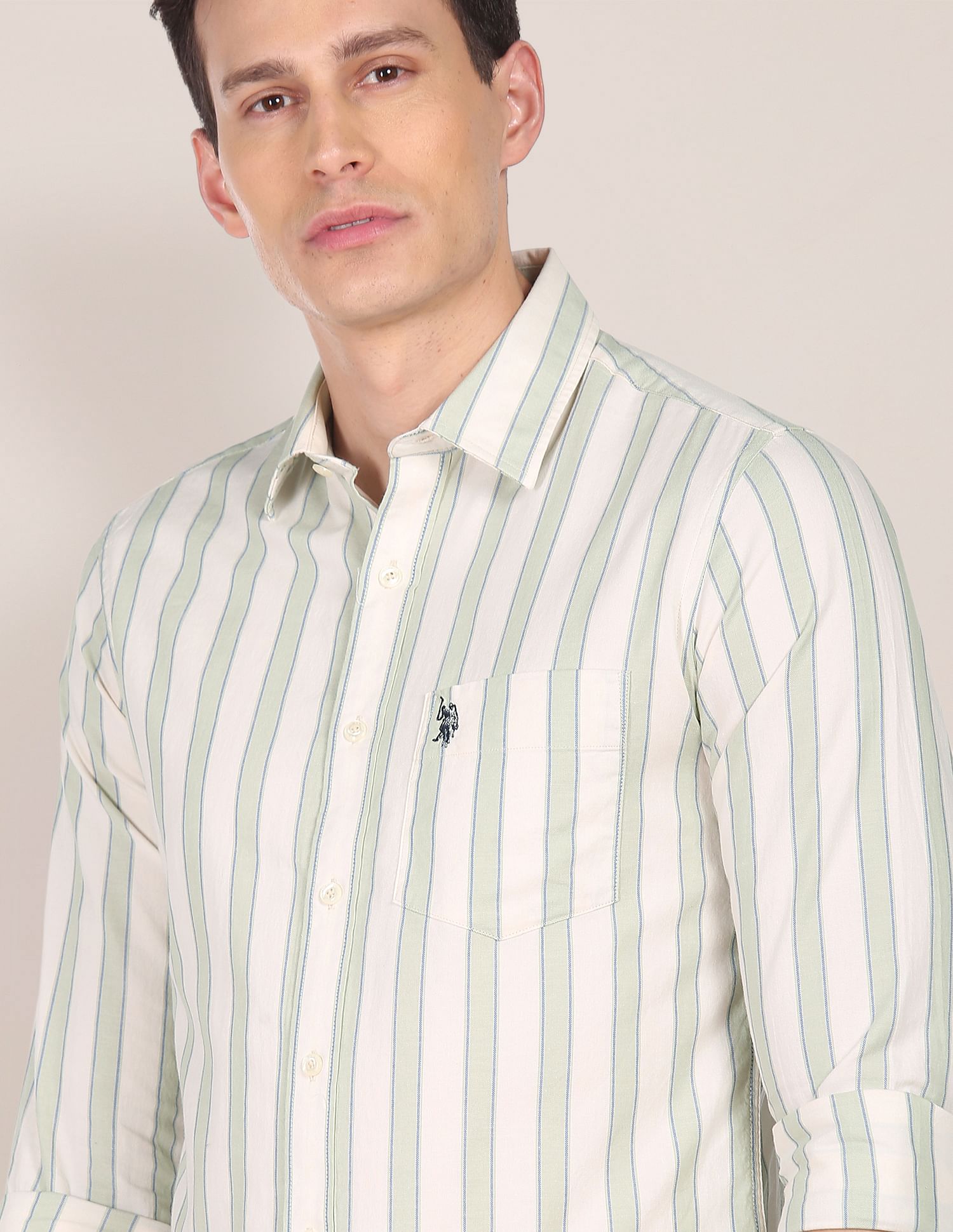 Vertical Stripe Cotton Casual Shirt Green and Beige - U.S. Polo Assn. India | Large