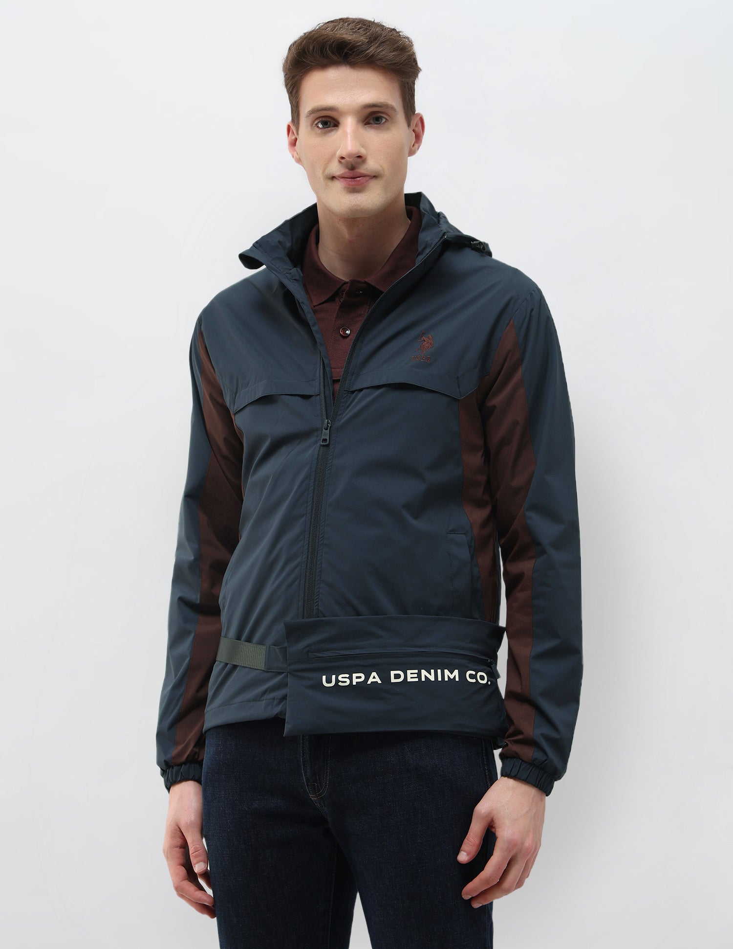 Packable Detachable Hood Colour Blocked Jacket Teal - U.S. Polo Assn. India | Large