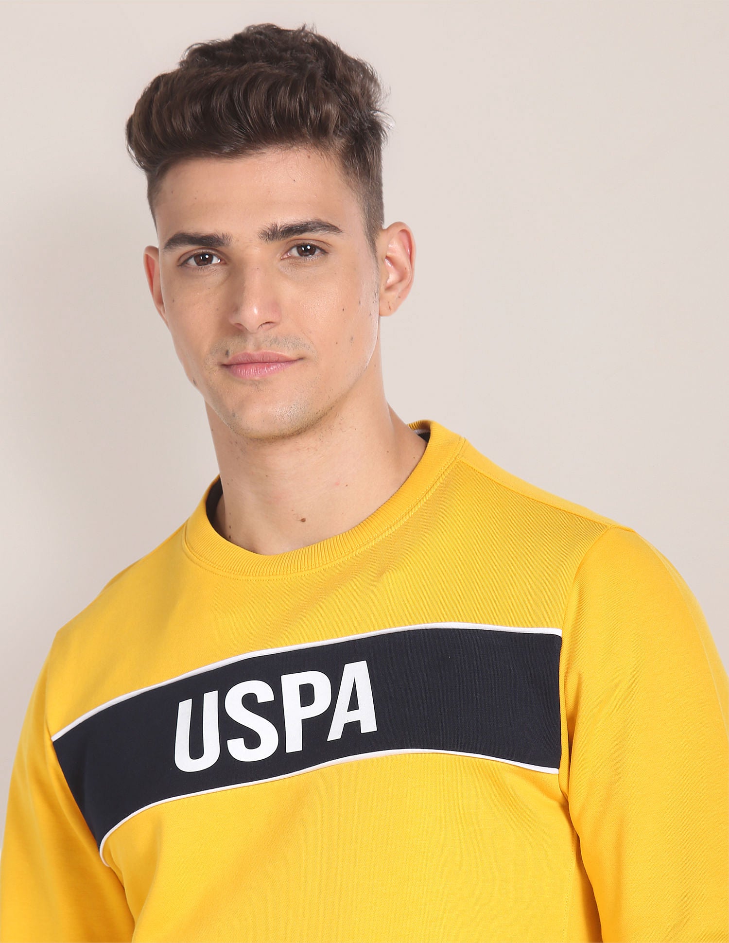 Crew Neck Brand Print Sweatshirt Yellow - U.S. POLO ASSN. | Large