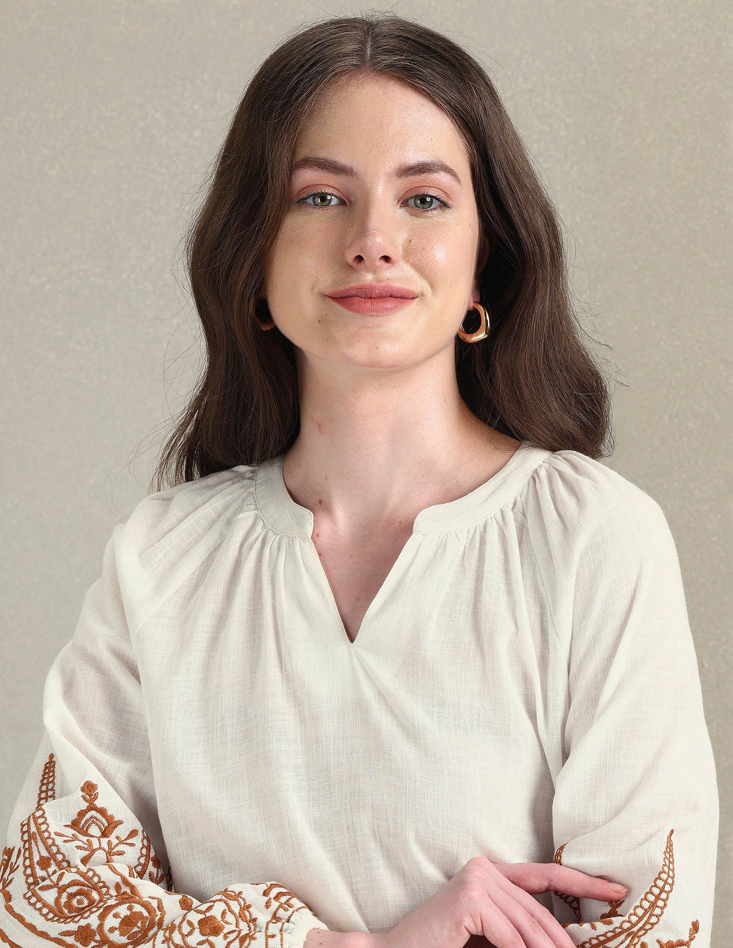 Cotton Flax Embroidered Blouson Top White - U.S. Polo Assn. India | Large