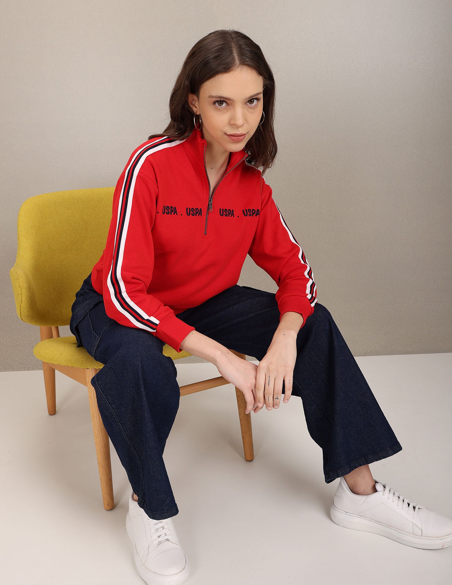 High Neck Striped Sleeve Brand Print Sweatshirt Red - U.S. Polo Assn. India | Large