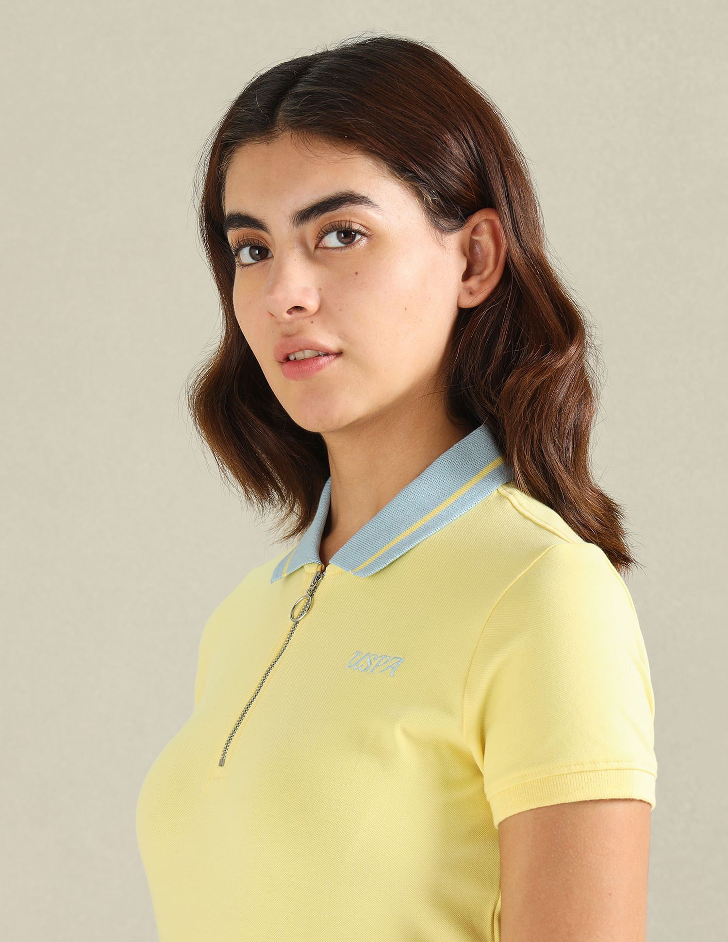 Striped Collar Zipper Polo Shirt Light Yellow - U.S. POLO ASSN. | Large