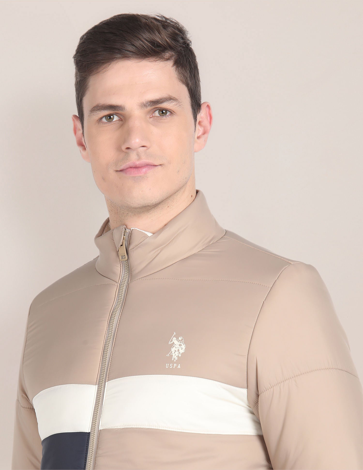 High Neck Colour Block Jacket Beige - U.S. Polo Assn. India | Large