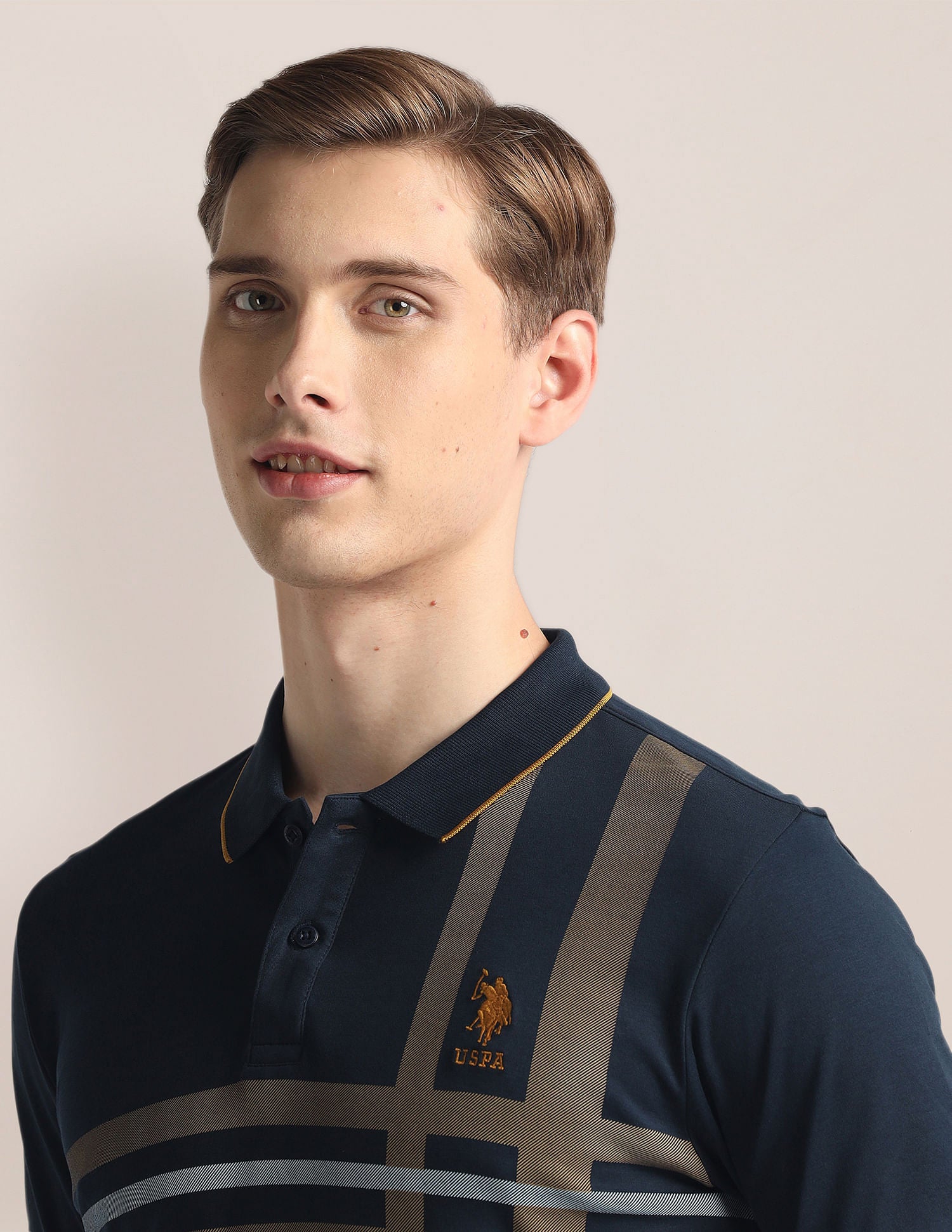 Ribbed Collar Stripe Polo Shirt Navy - U.S. Polo Assn. India | Large