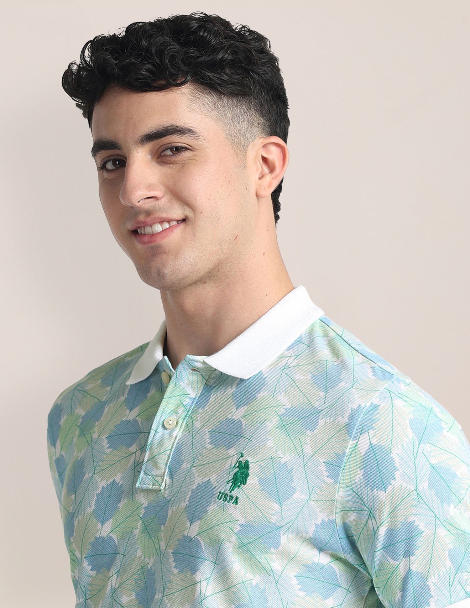 Tropical Print Slim Fit Polo Shirt Aqua - U.S. Polo Assn. India | Large