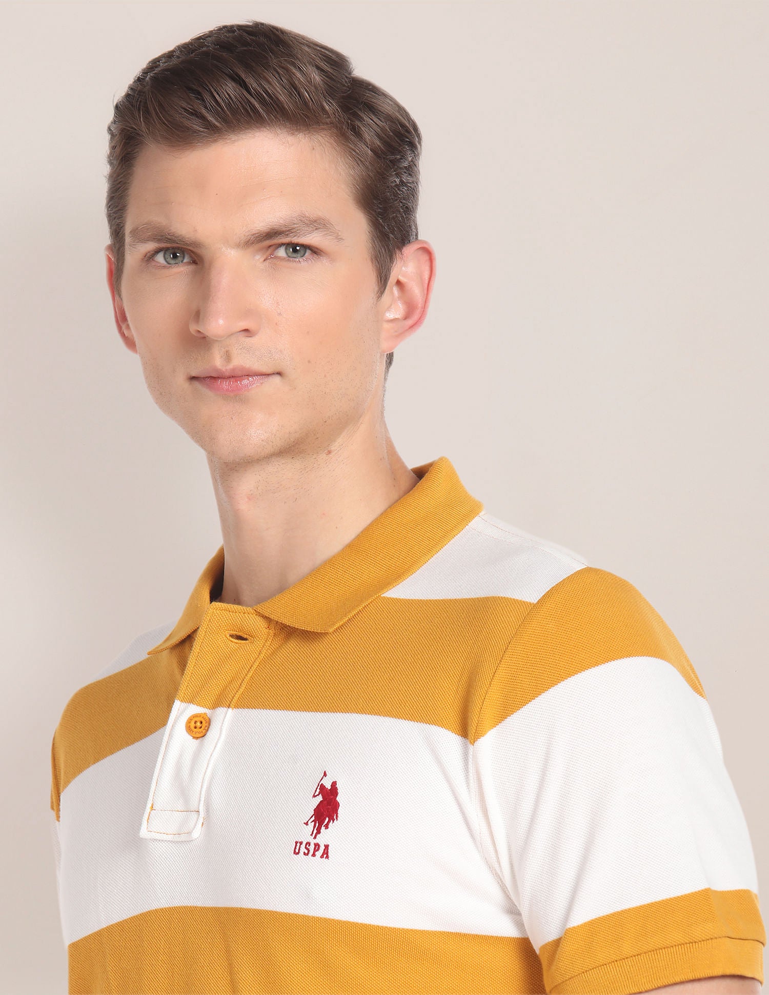 Horizontal Stripe Cotton Polo Shirt Mustard and Off White - U.S. POLO ASSN. | Large