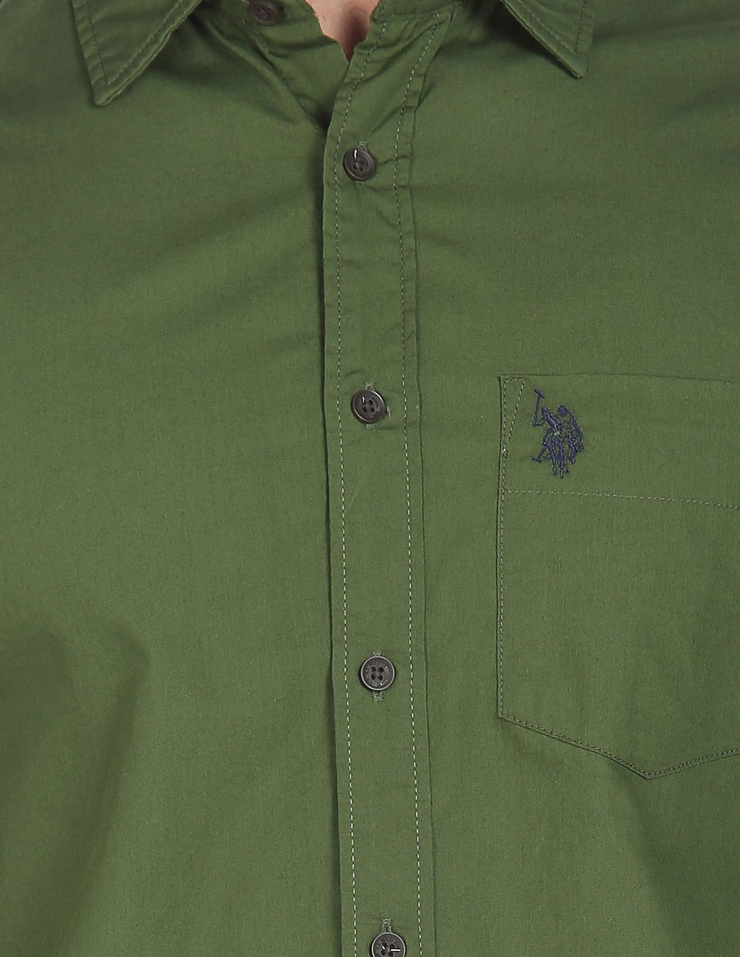 Men Green Spread Collar Solid Casual Shirt Green - U.S. POLO ASSN. | Large