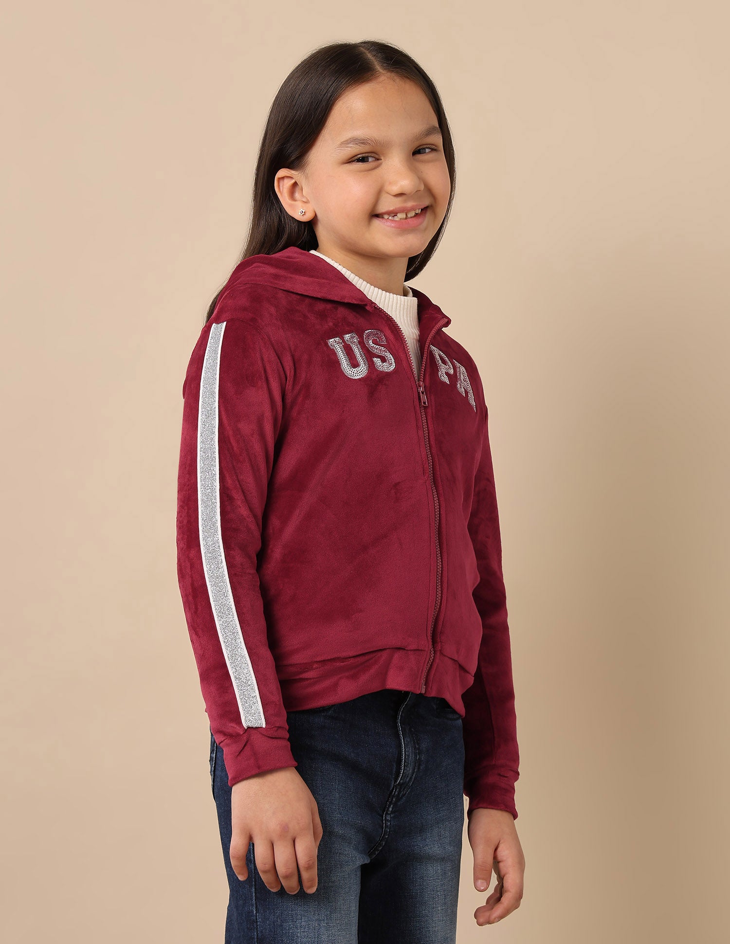 Girls Lurex Tape Velour Sweatshirt Maroon - U.S. POLO ASSN. | Large
