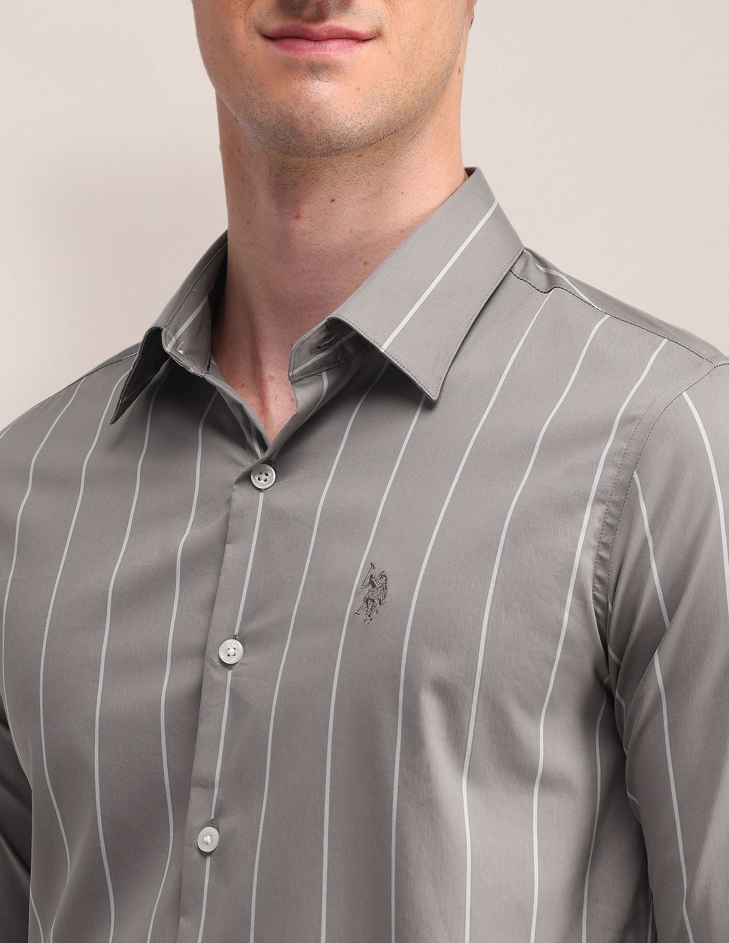 Vertical Striped Slim Fit Shirt Khaki - U.S. Polo Assn. India | Large