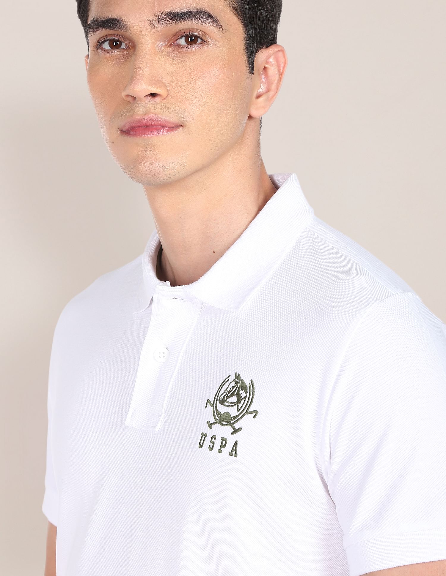Men White Embroidered Logo Solid Cotton Polo Shirt White - U.S. Polo Assn. India | Large