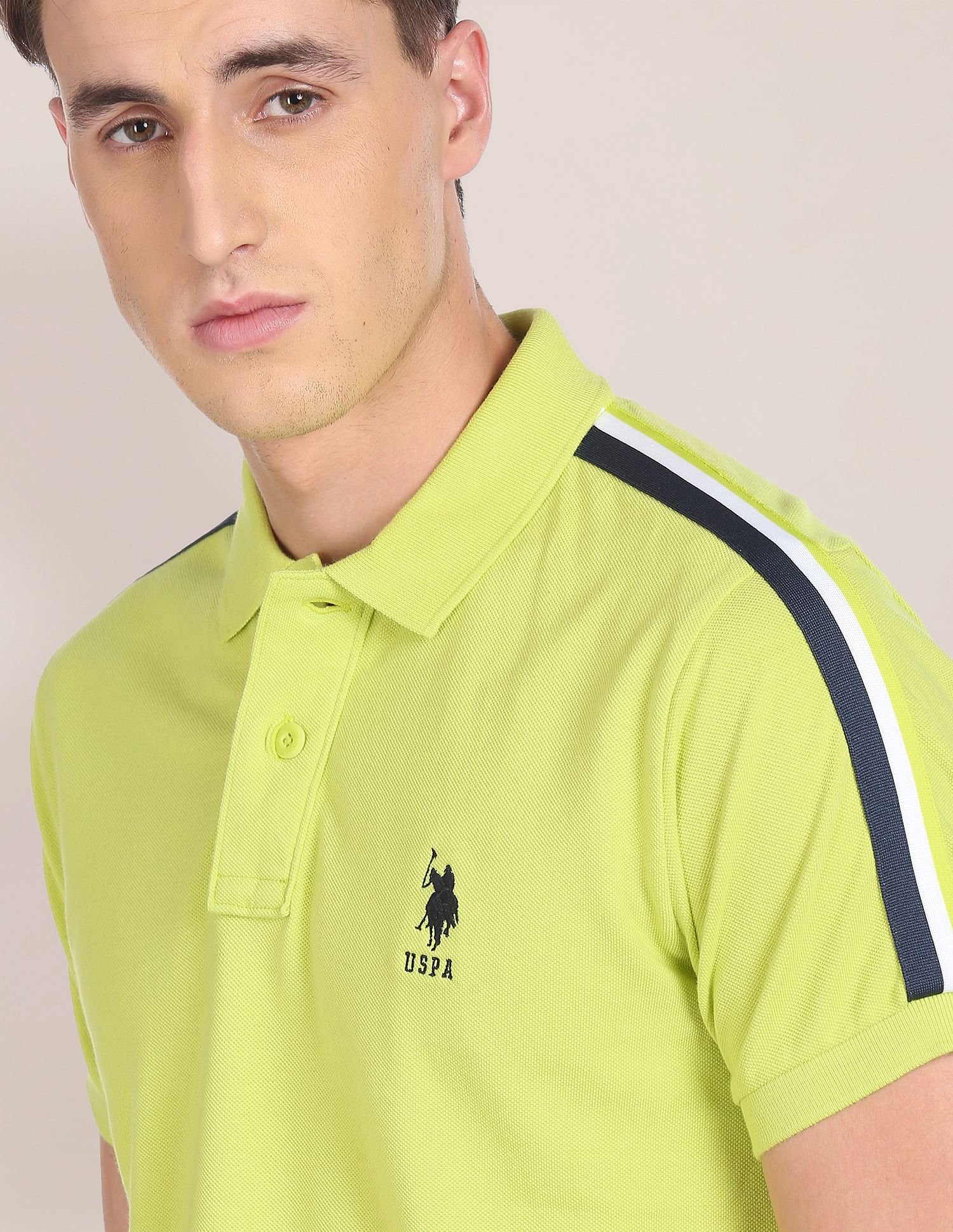 Striped Tape Solid Pure Cotton Polo Shirt Lime Green - U.S. Polo Assn. India | Large