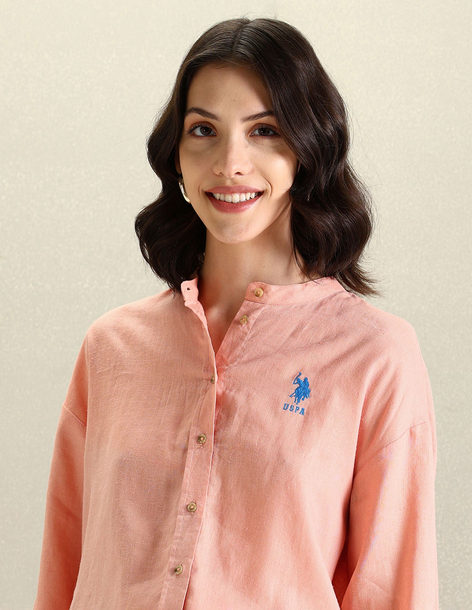 Mandarin Collar Viscose Linen Shirt Peach - U.S. Polo Assn. India | Large