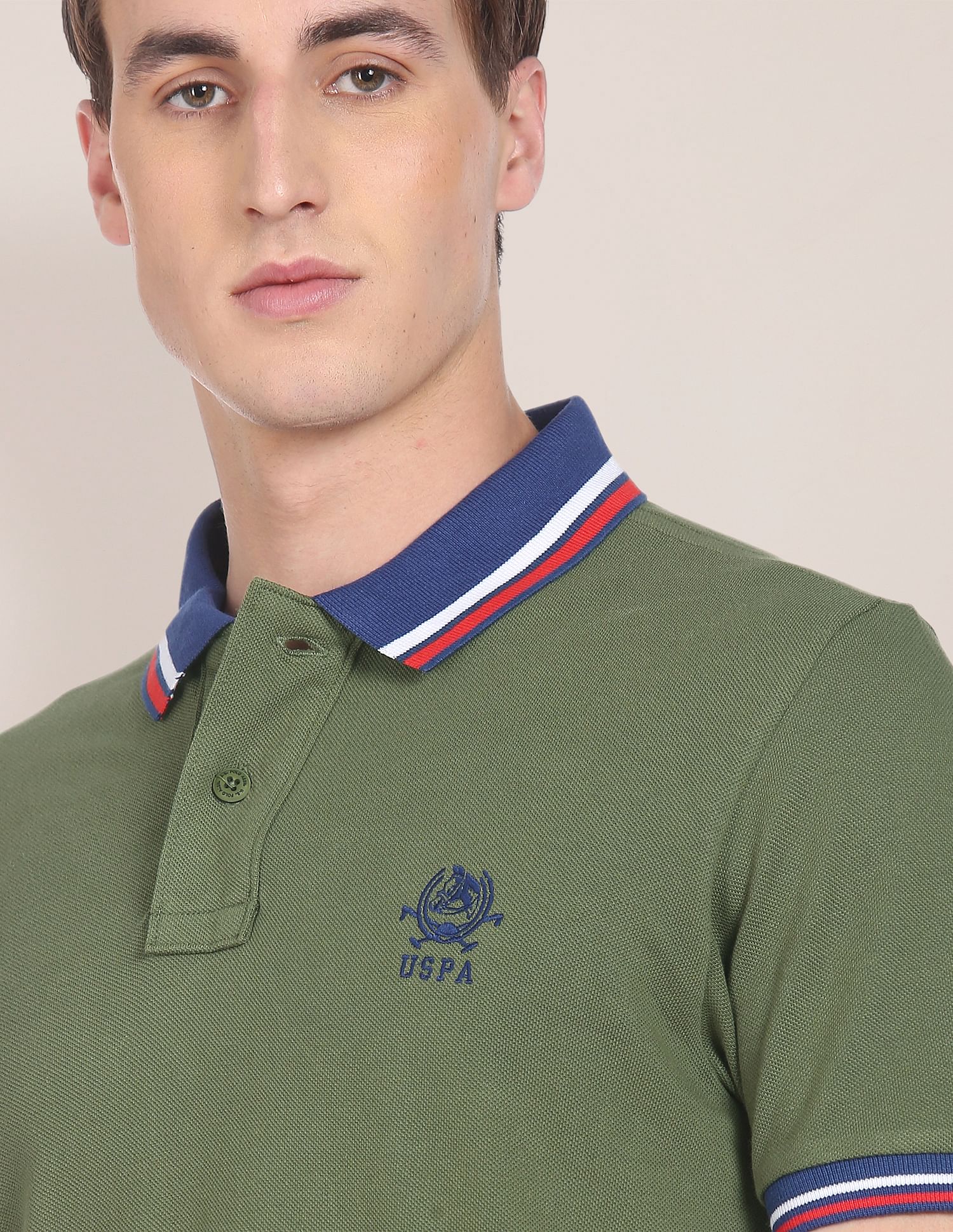 Striped Collar Brand Logo Polo Shirt Olive - U.S. Polo Assn. India | Large