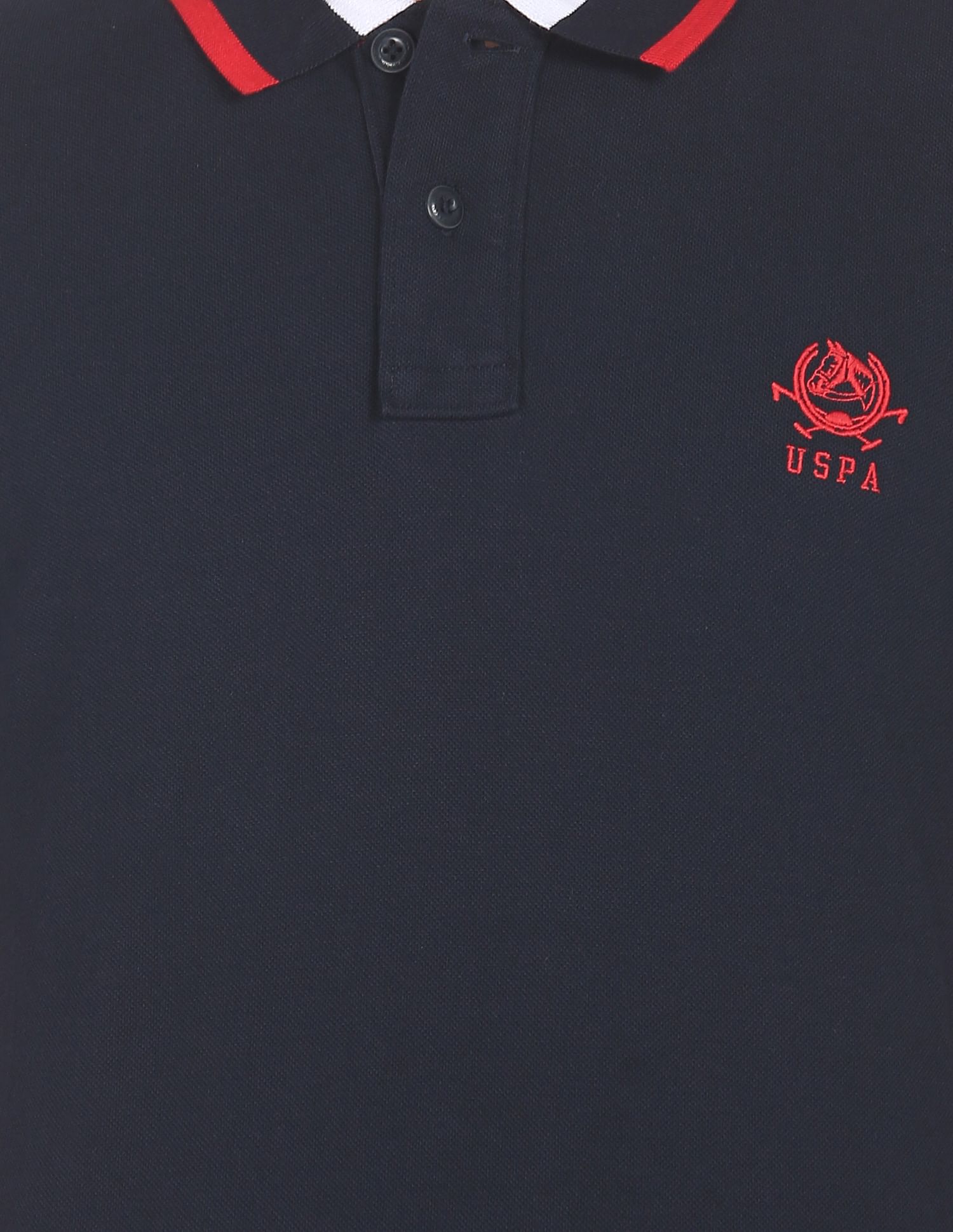 Men Navy Cotton Solid Polo Shirt Navy - U.S. POLO ASSN. | Large