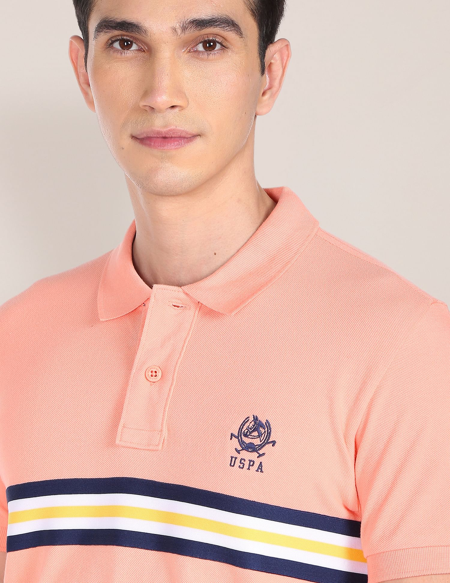 Contrast Stripe Cotton Polo Shirt Peach - U.S. POLO ASSN. | Large