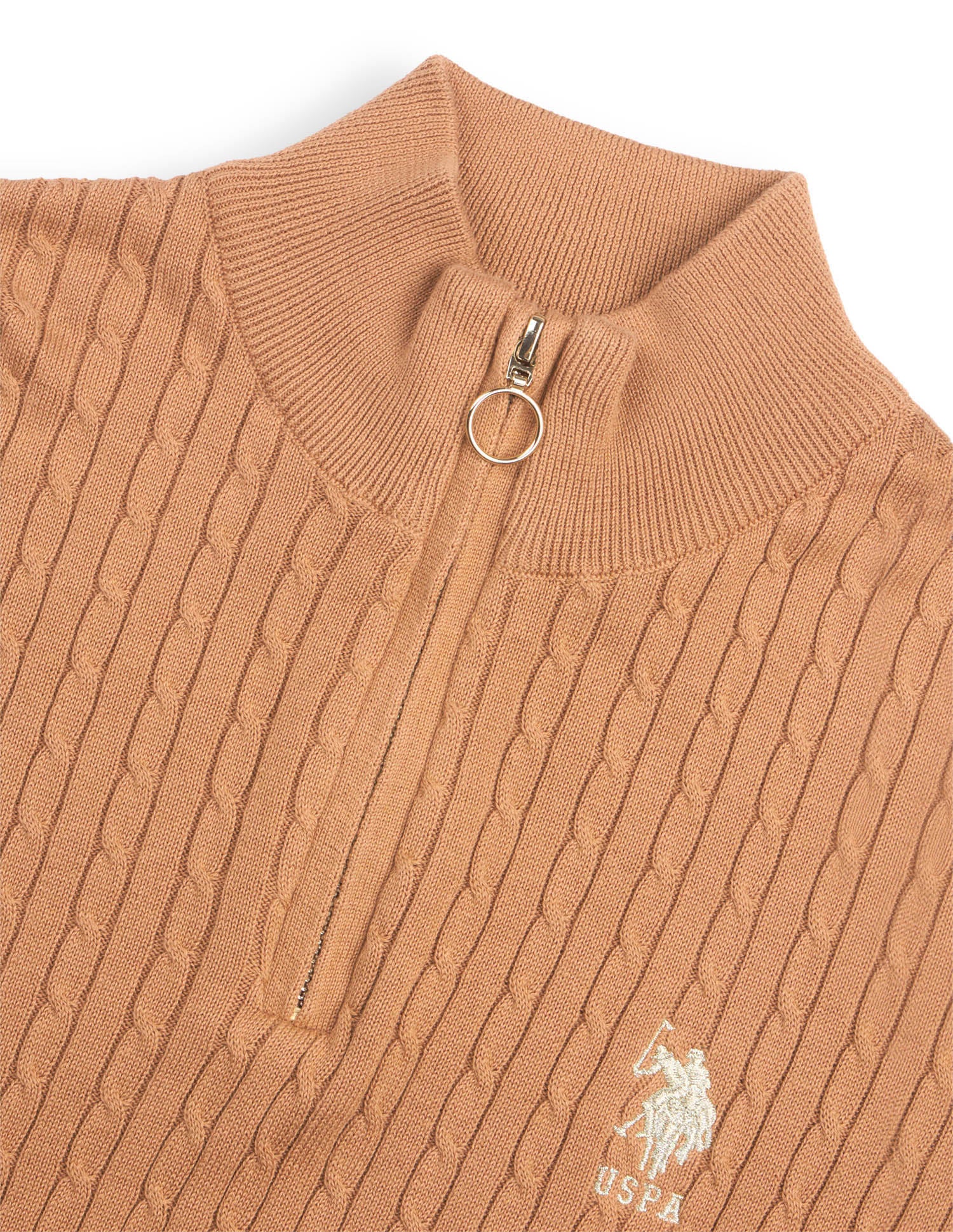 Cable Patterned Knit Regular Fit Half Zip Sweater Light Brown - U.S. Polo Assn. India | Large