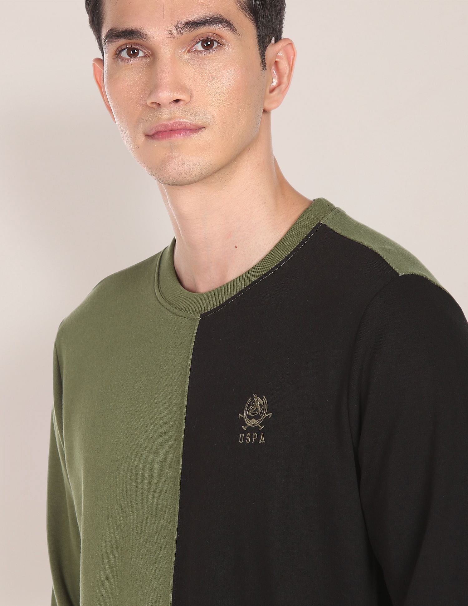 Crew Neck Panelled Two Tone Sweatshirt Olive - U.S. Polo Assn. India | Large