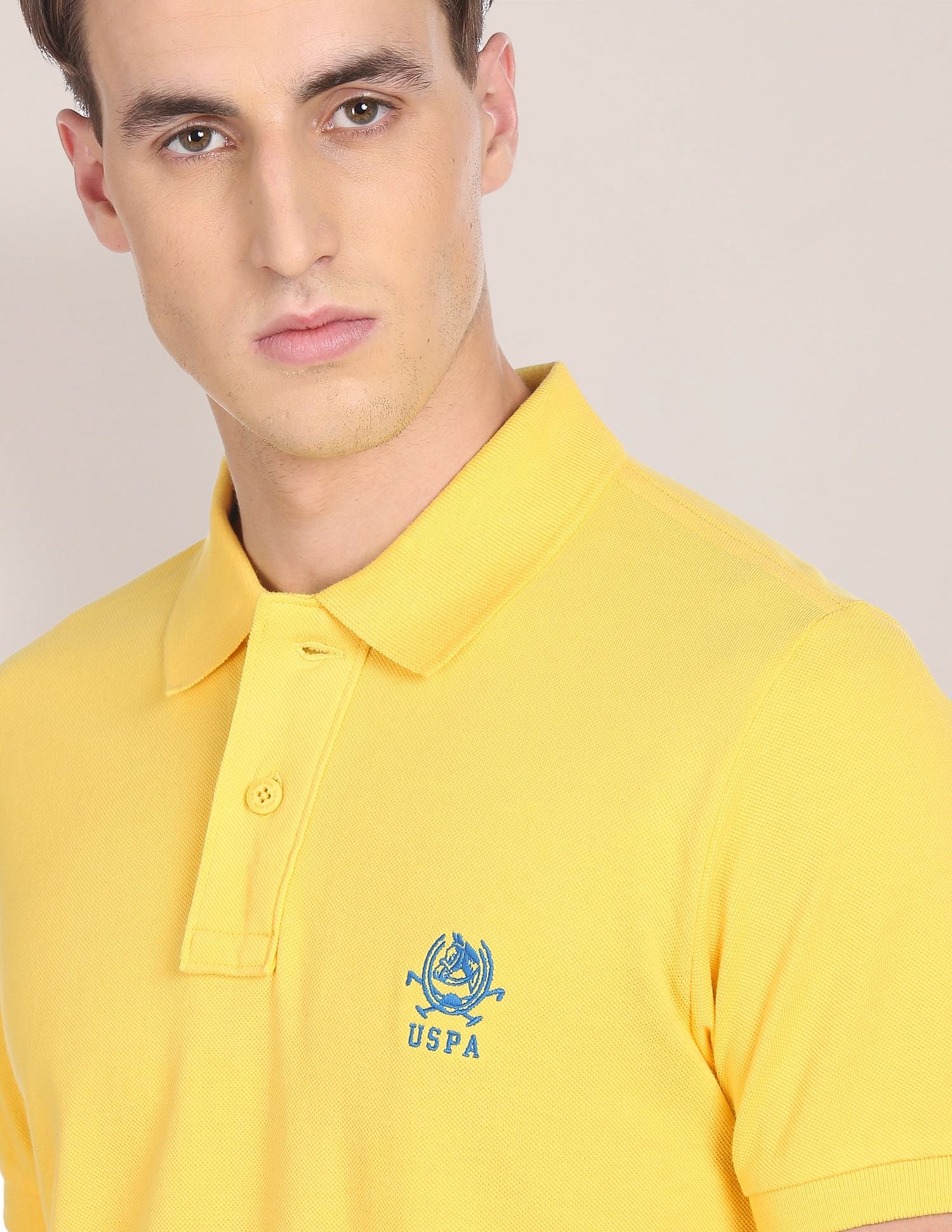 Men Yellow Solid Pique Knit Pure Cotton Polo Shirt Yellow - U.S. POLO ASSN. | Large