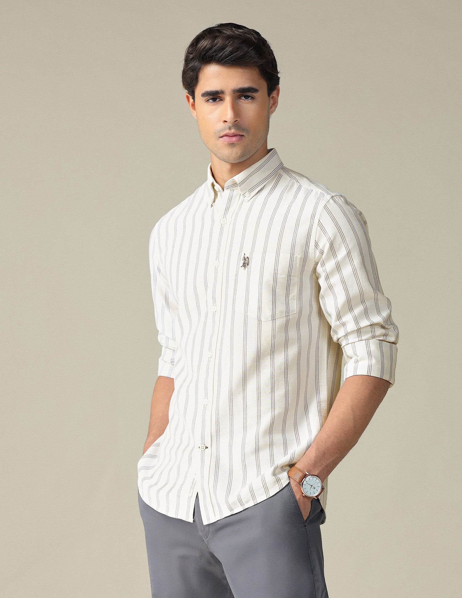 Vertical Striped Button Down Shirt Beige - U.S. POLO ASSN. | Large