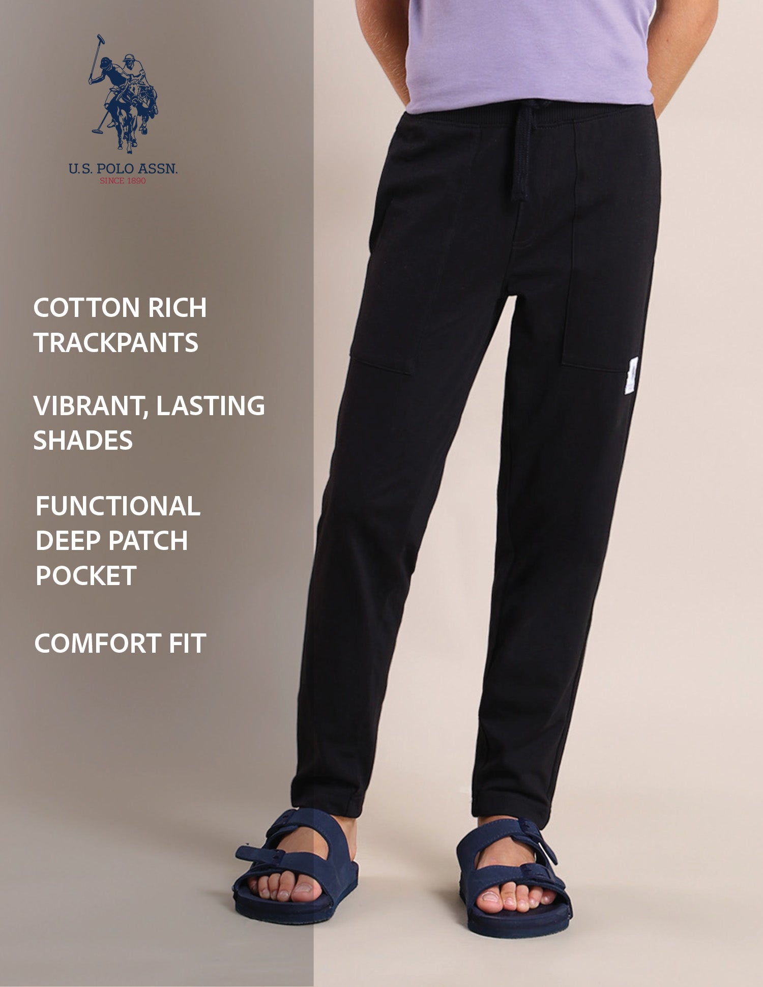 Boys Regular Fit Solid Track Pants Black - U.S. POLO ASSN. | Large