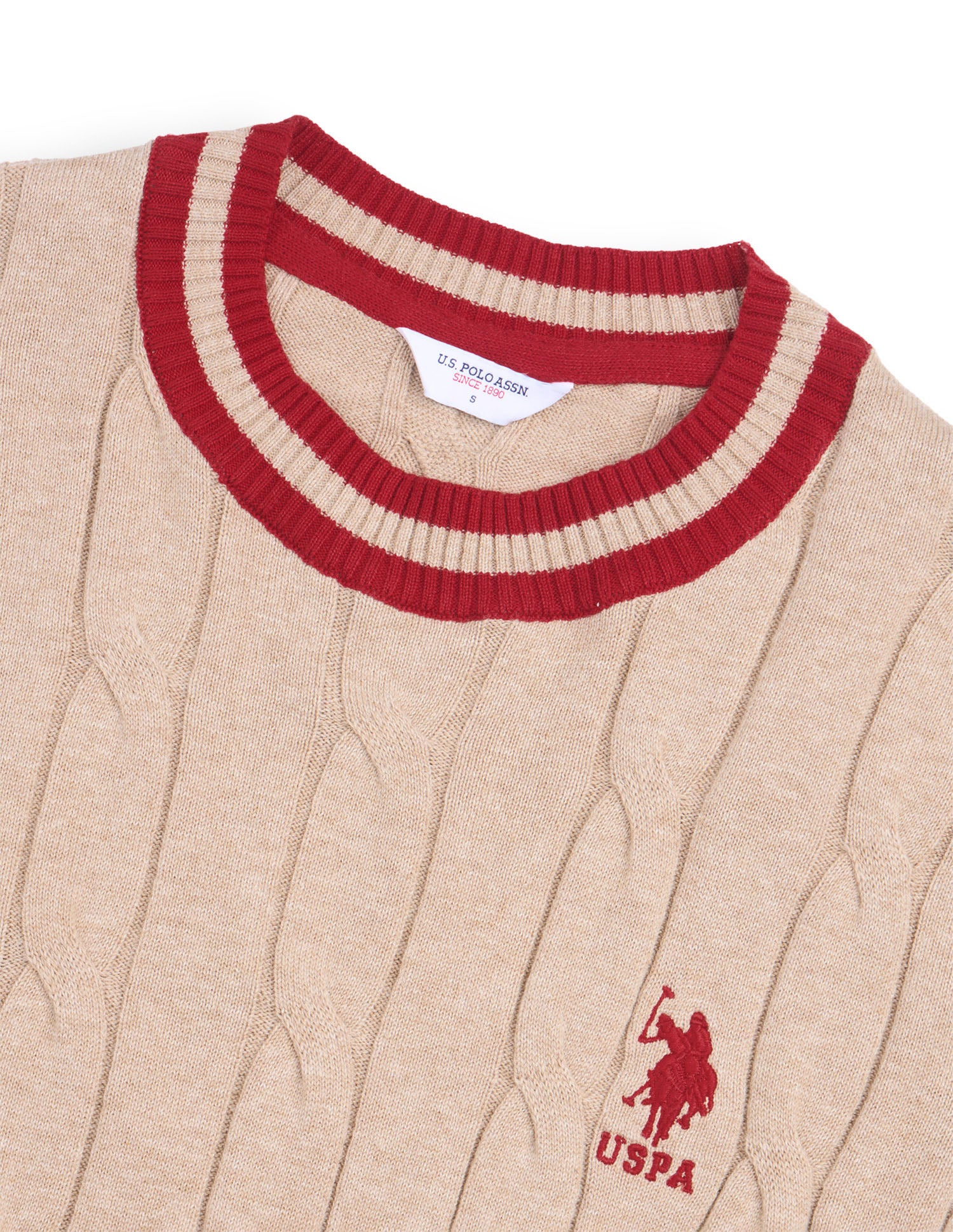 Cable Patterned Knit Regular Fit Sweater Beige - U.S. Polo Assn. India | Large
