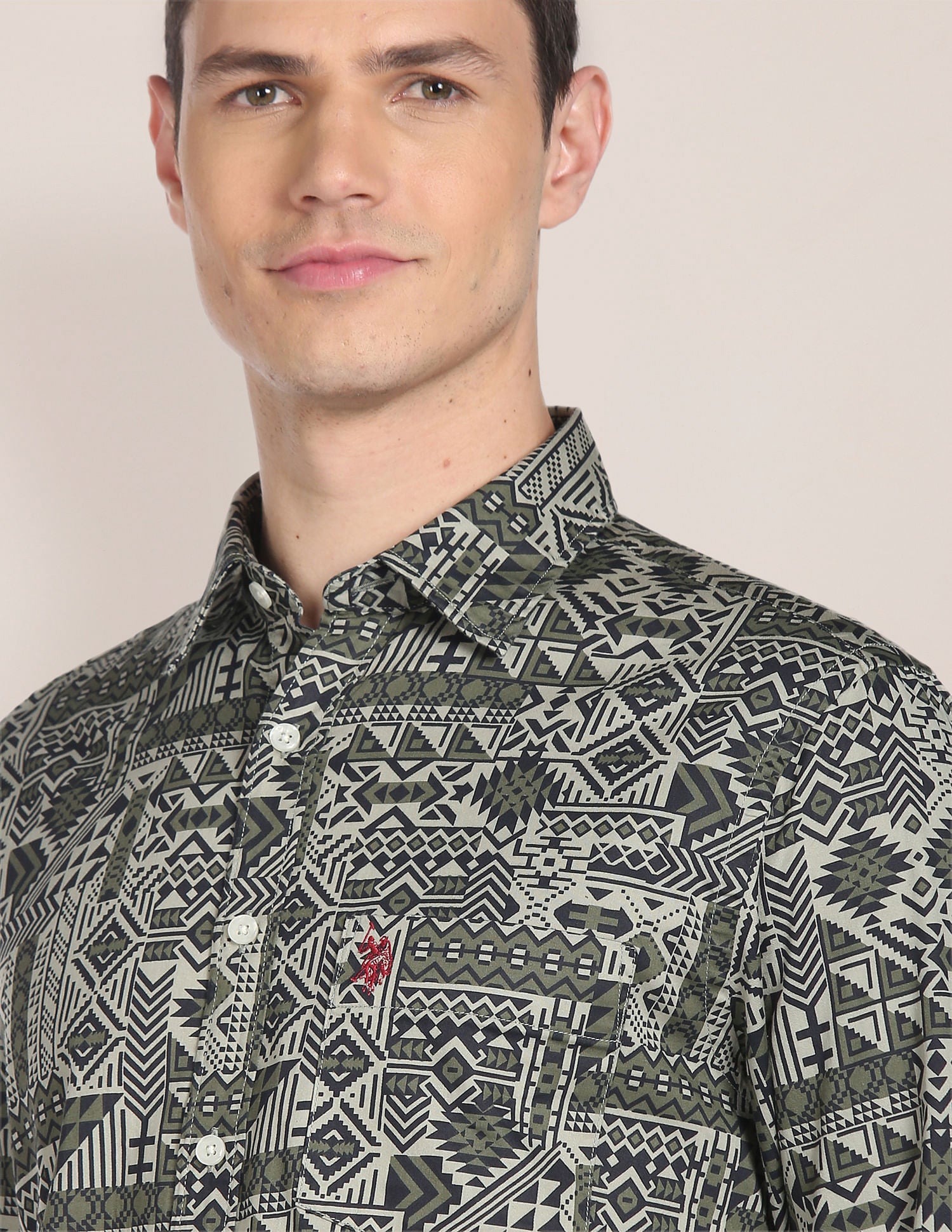 Spread Collar Geometric Print Shirt Olive - U.S. Polo Assn. India | Large
