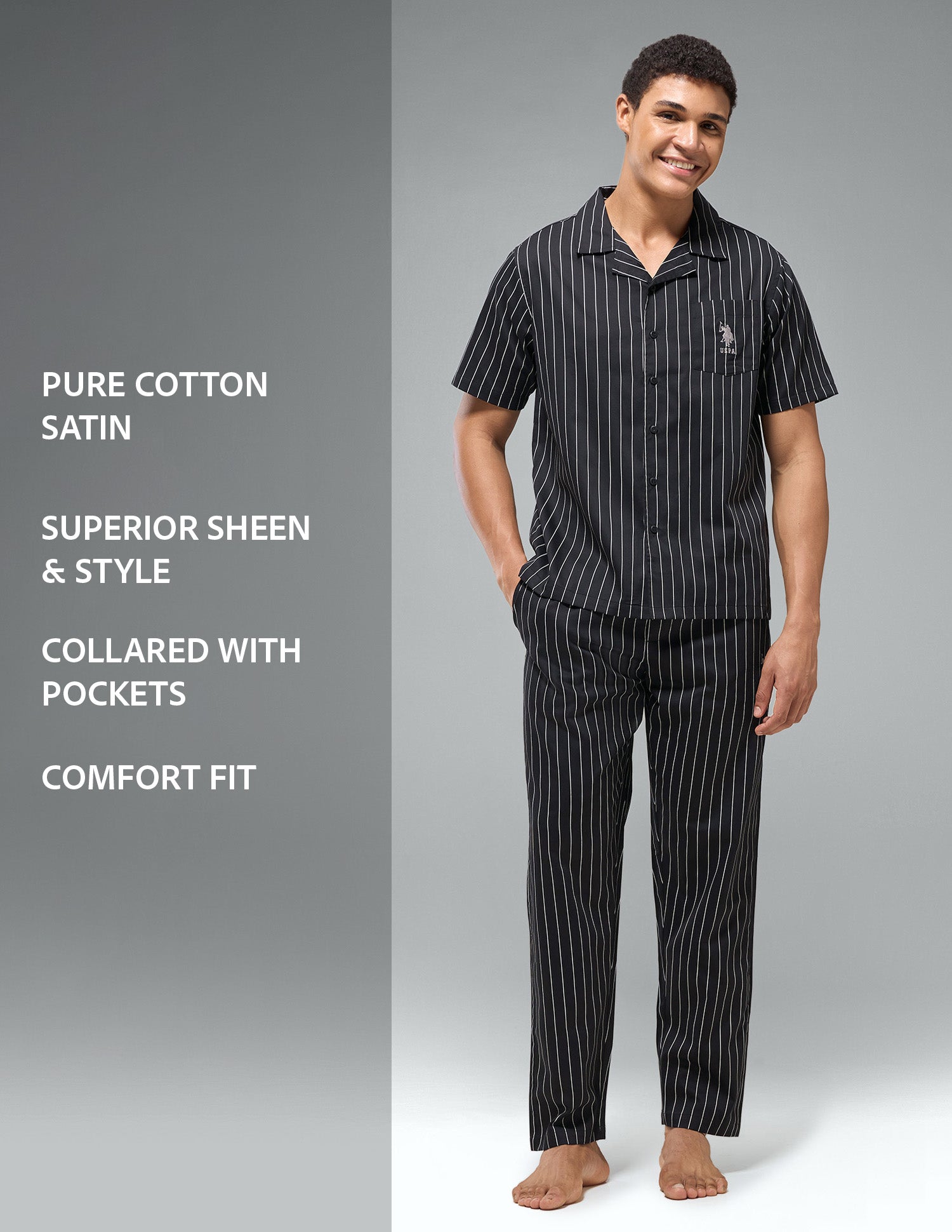 Pure Cotton Striped OESS03 Sleep Set Black - U.S. Polo Assn. India | Large