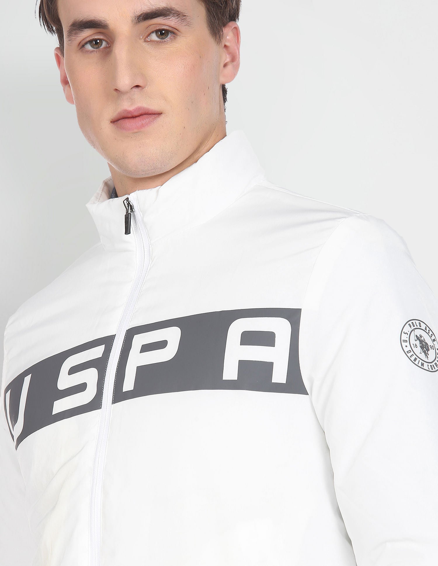 High Neck Brand Print Polyester Casual Jacket White - U.S. POLO ASSN. | Large