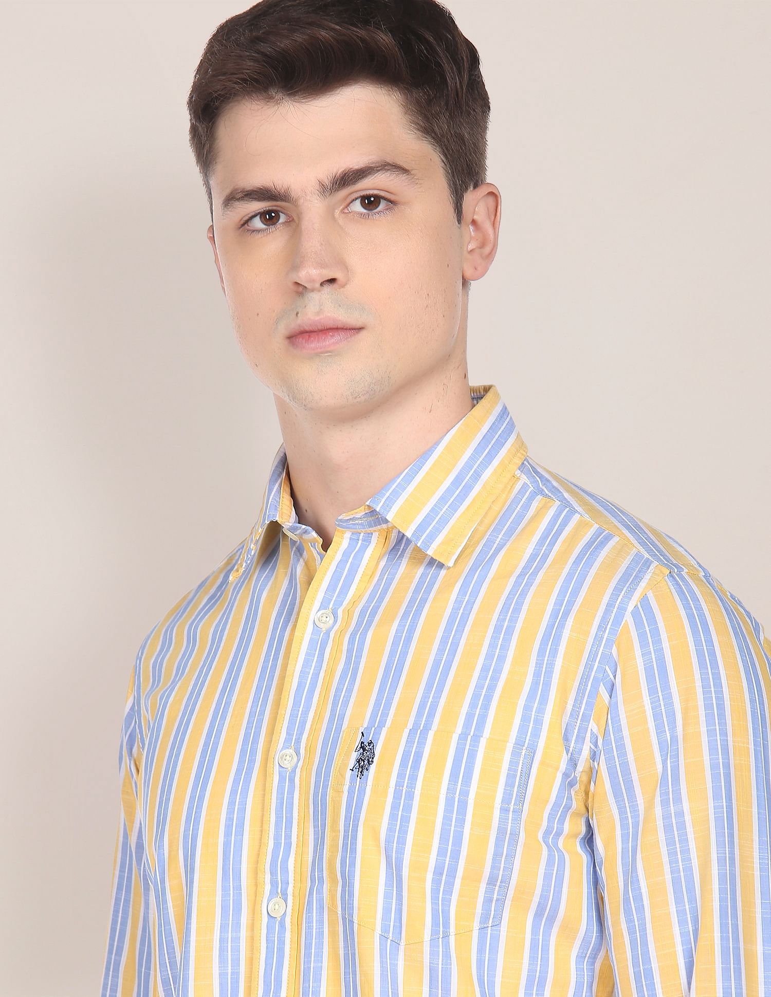 Men Yellow And Blue Vertical Stripe Cotton Casual Shirt Yellow and Blue - U.S. Polo Assn. India | Large