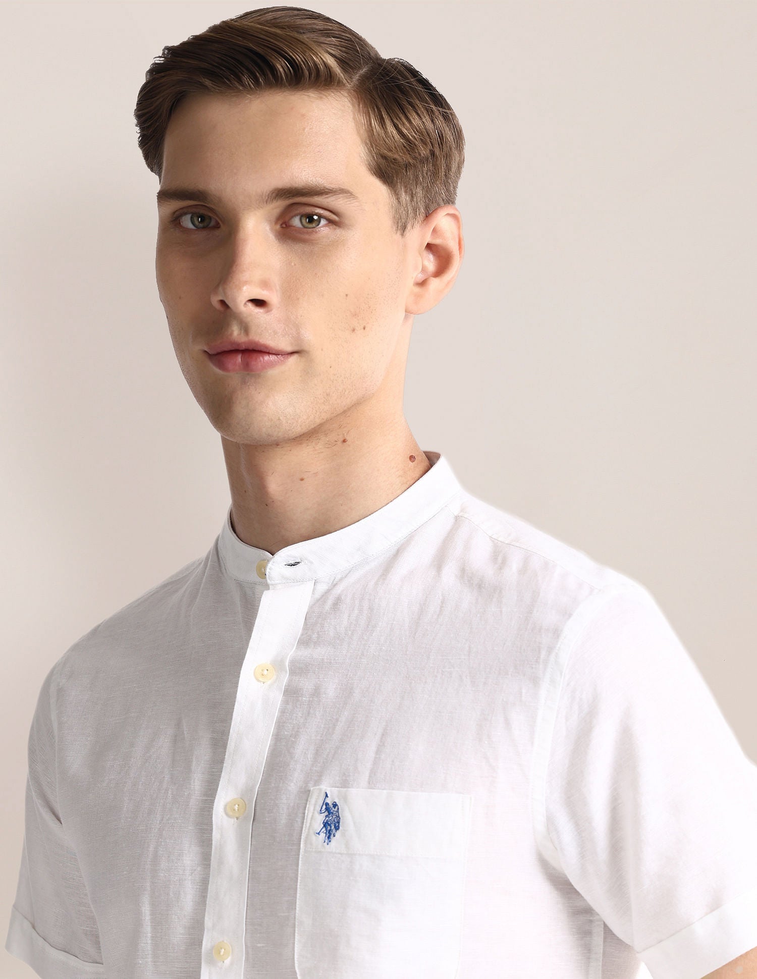 Mandarin Collar Linen Blend Shirt White - U.S. Polo Assn. India | Large